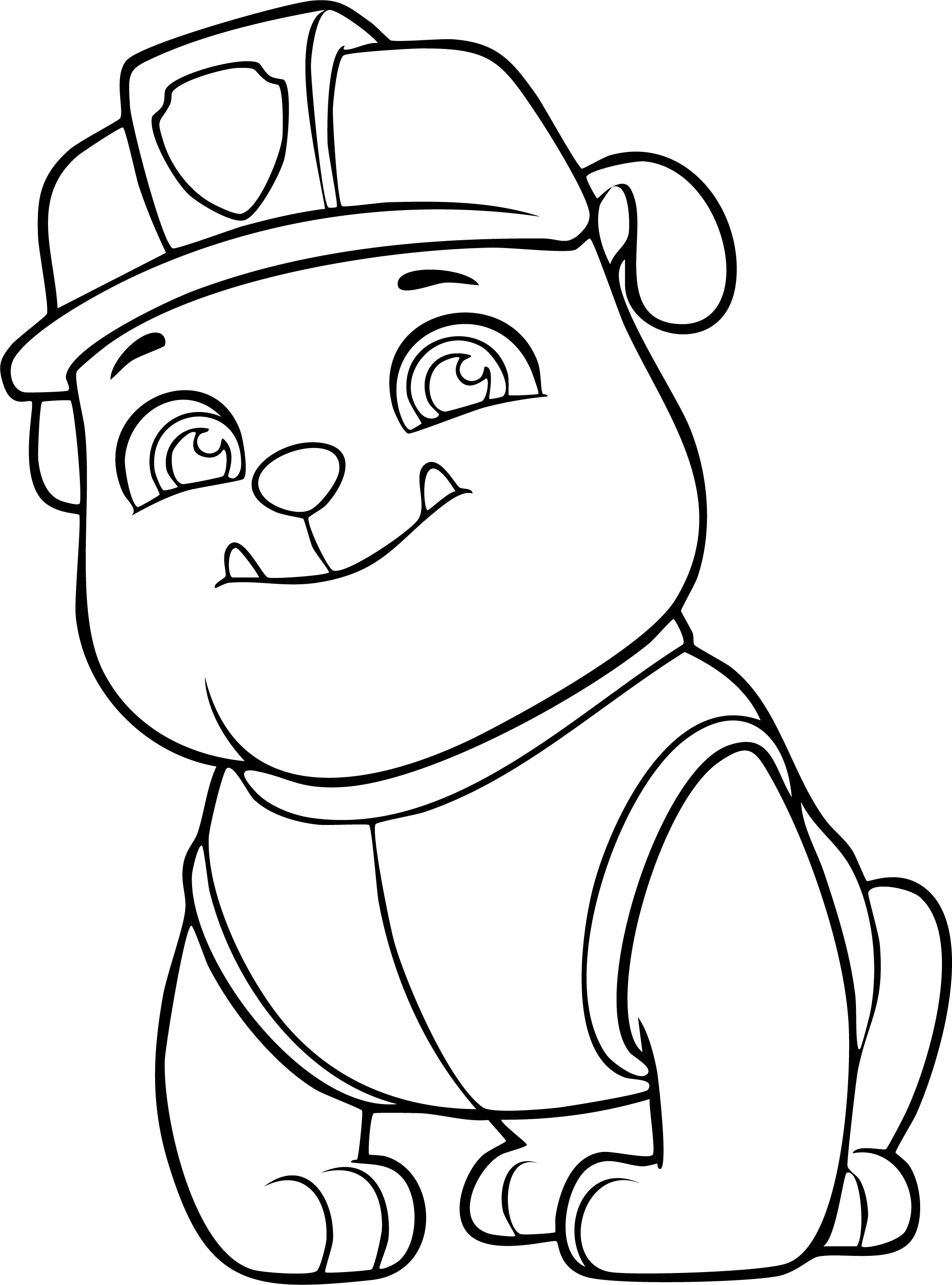 Rubble from PAW Patrol coloring page. Line art of construction pup smiling, wearing vest and helmet, looking up.