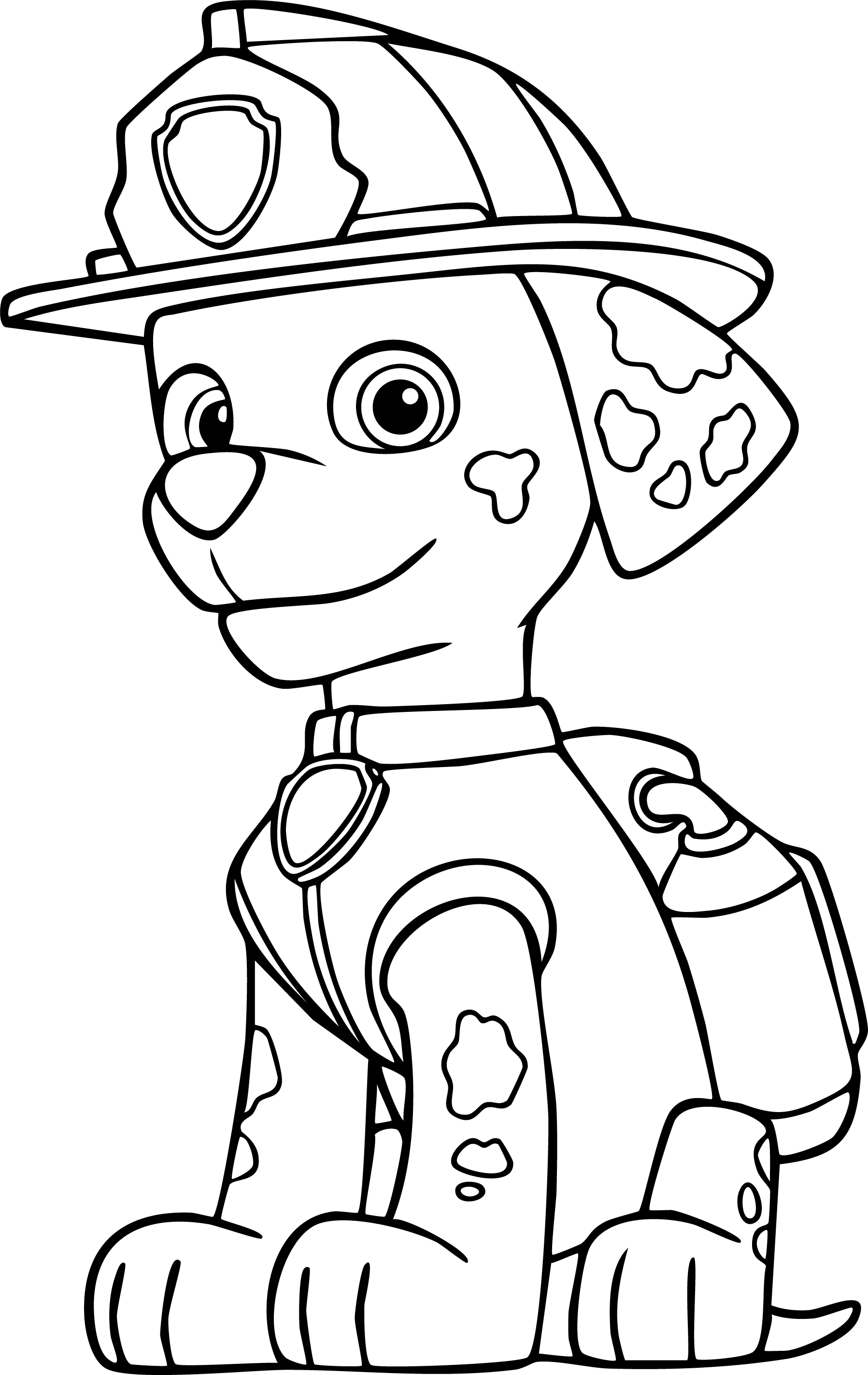 Marshall from Paw Patrol coloring page. The spotted Dalmatian sits down wearing his firefighter helmet and rescue pack.
