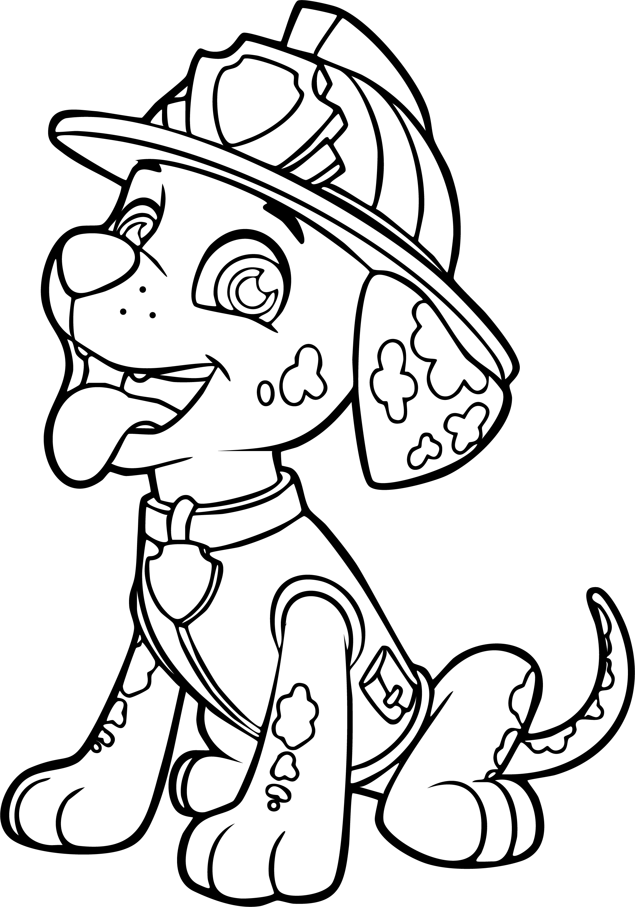 Marshall from Paw Patrol coloring page. Sitting line art pup panting with tongue out, wearing fire helmet and vest.