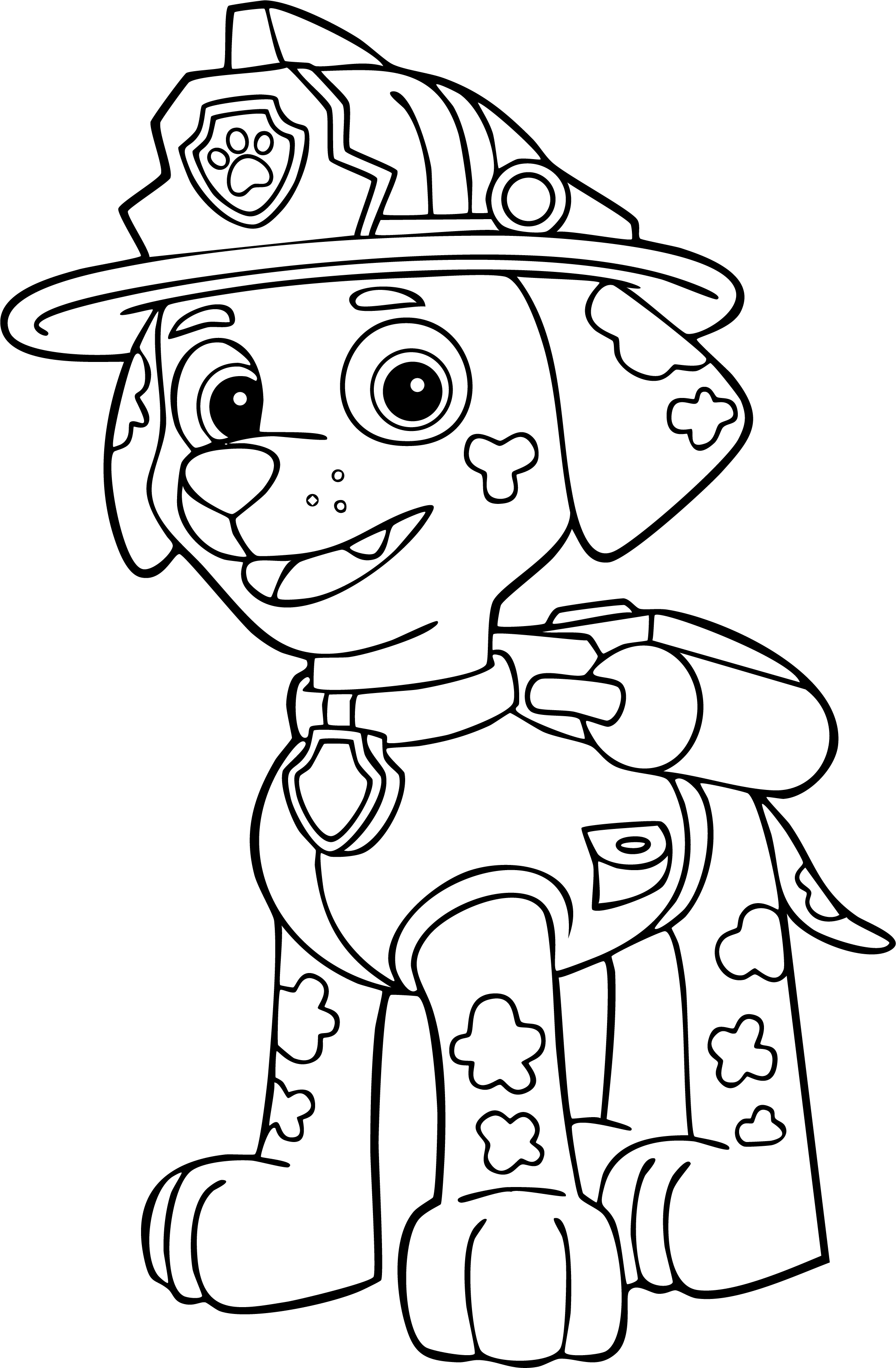 Marshall from Paw Patrol coloring page. A smiling Dalmatian standing wearing a fireman hat and water cannons.