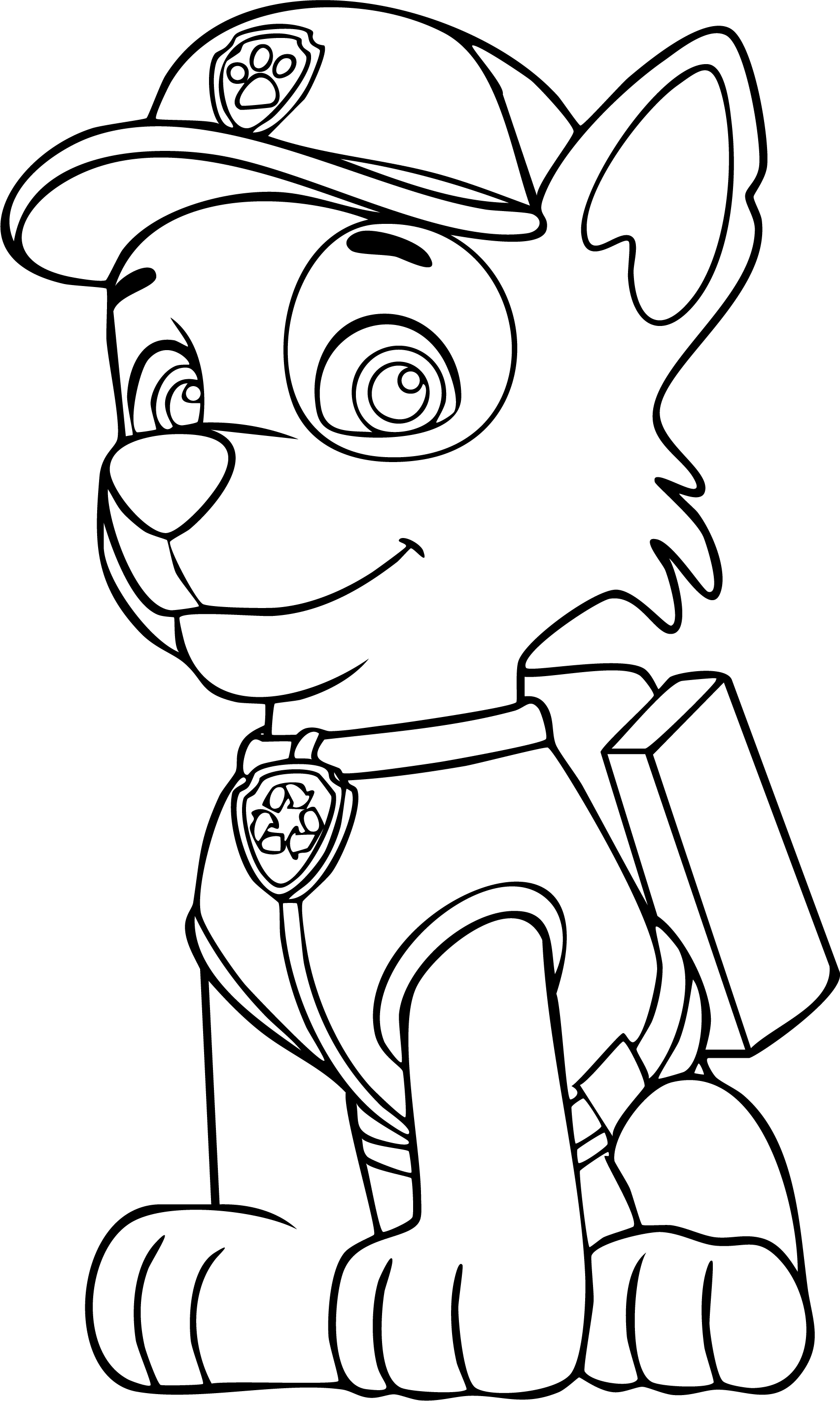 Rocky from Paw Patrol coloring page. Sitting down in his recycling uniform, cap, and a pup pack filled with tools.