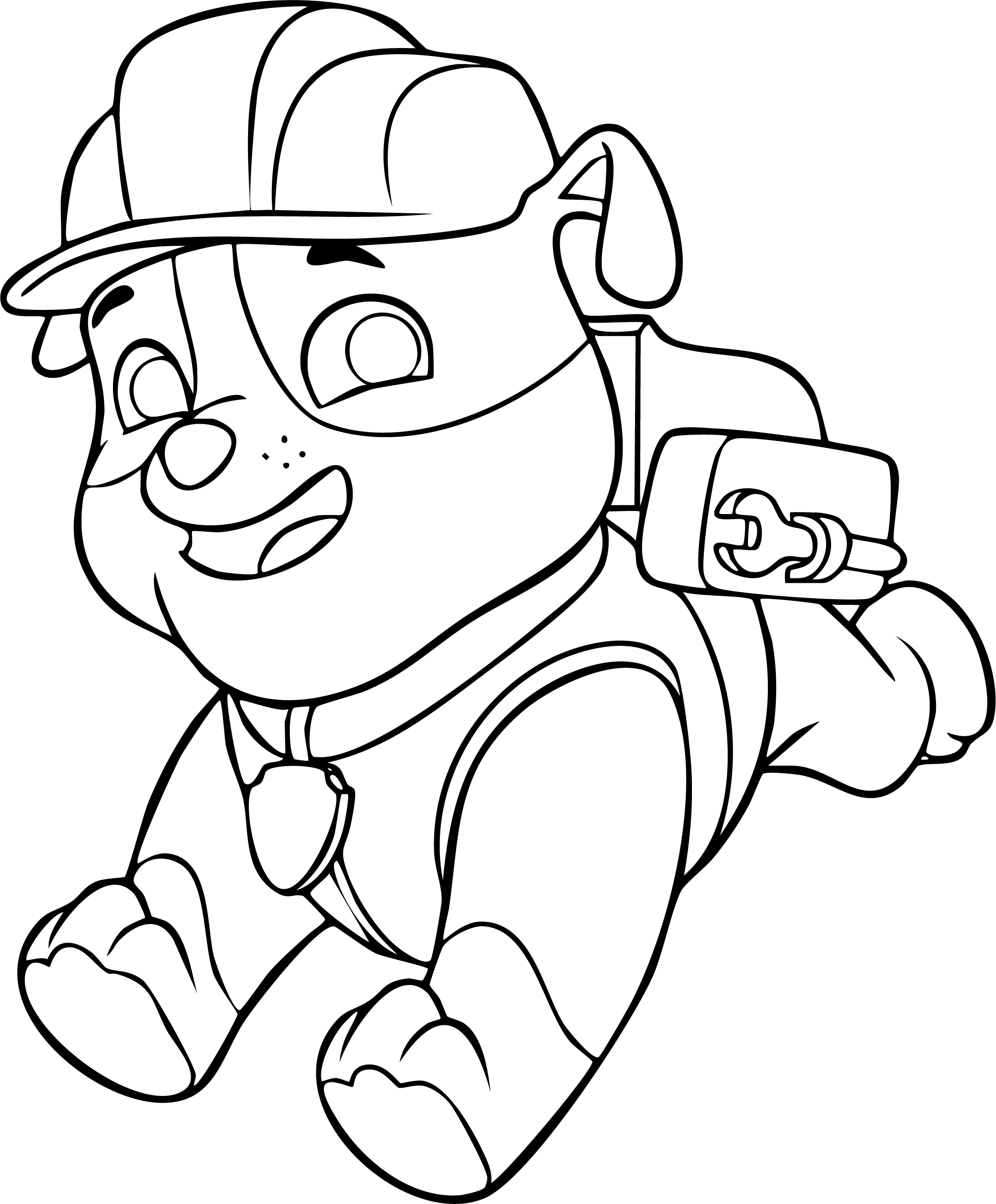 Rubble from Paw Patrol coloring page. Pouncing forward with a happy smile, wearing his construction helmet and wrench tool.