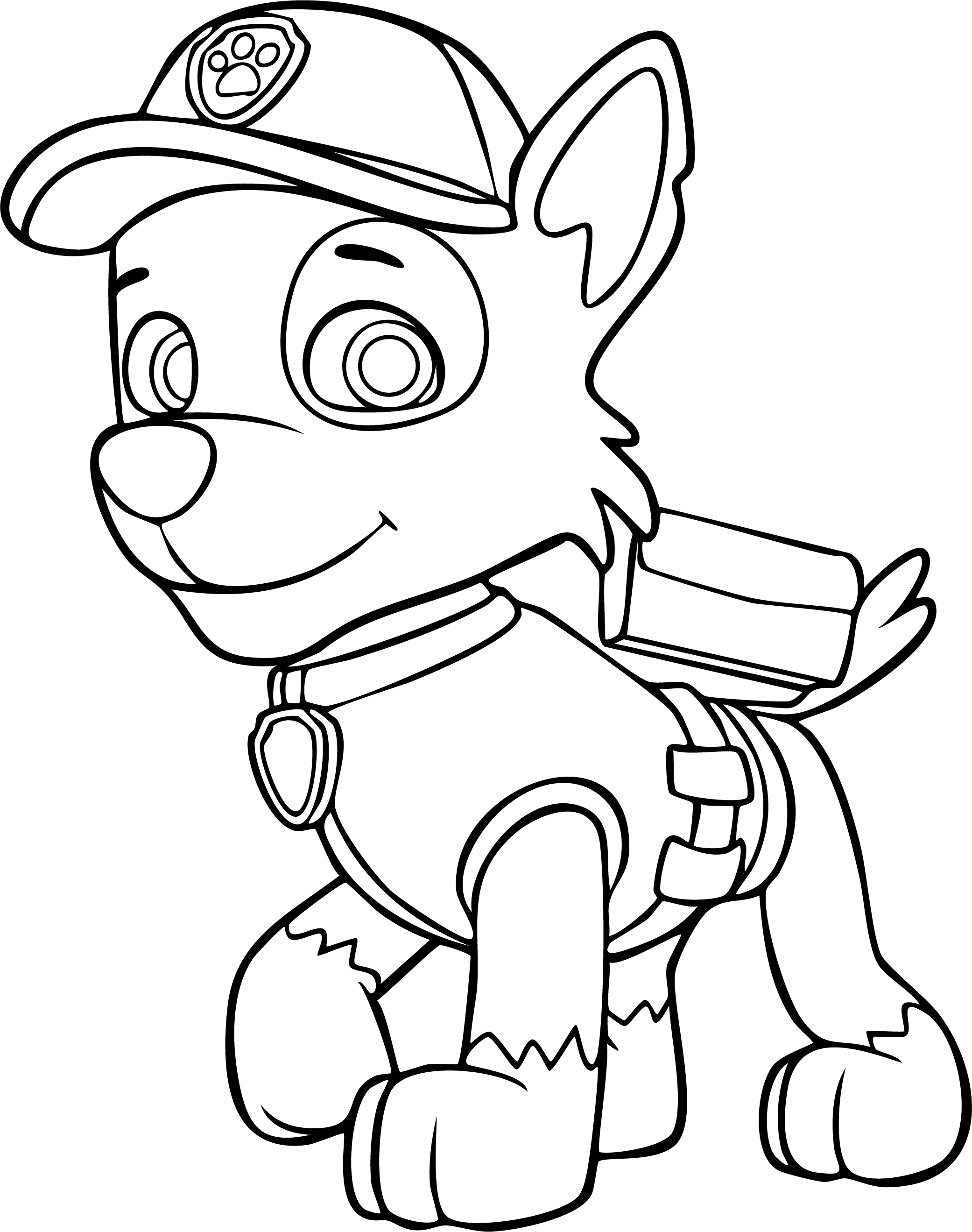 Tracker from Paw Patrol coloring page. Stands smiling in his hat and wearing a pup pack.