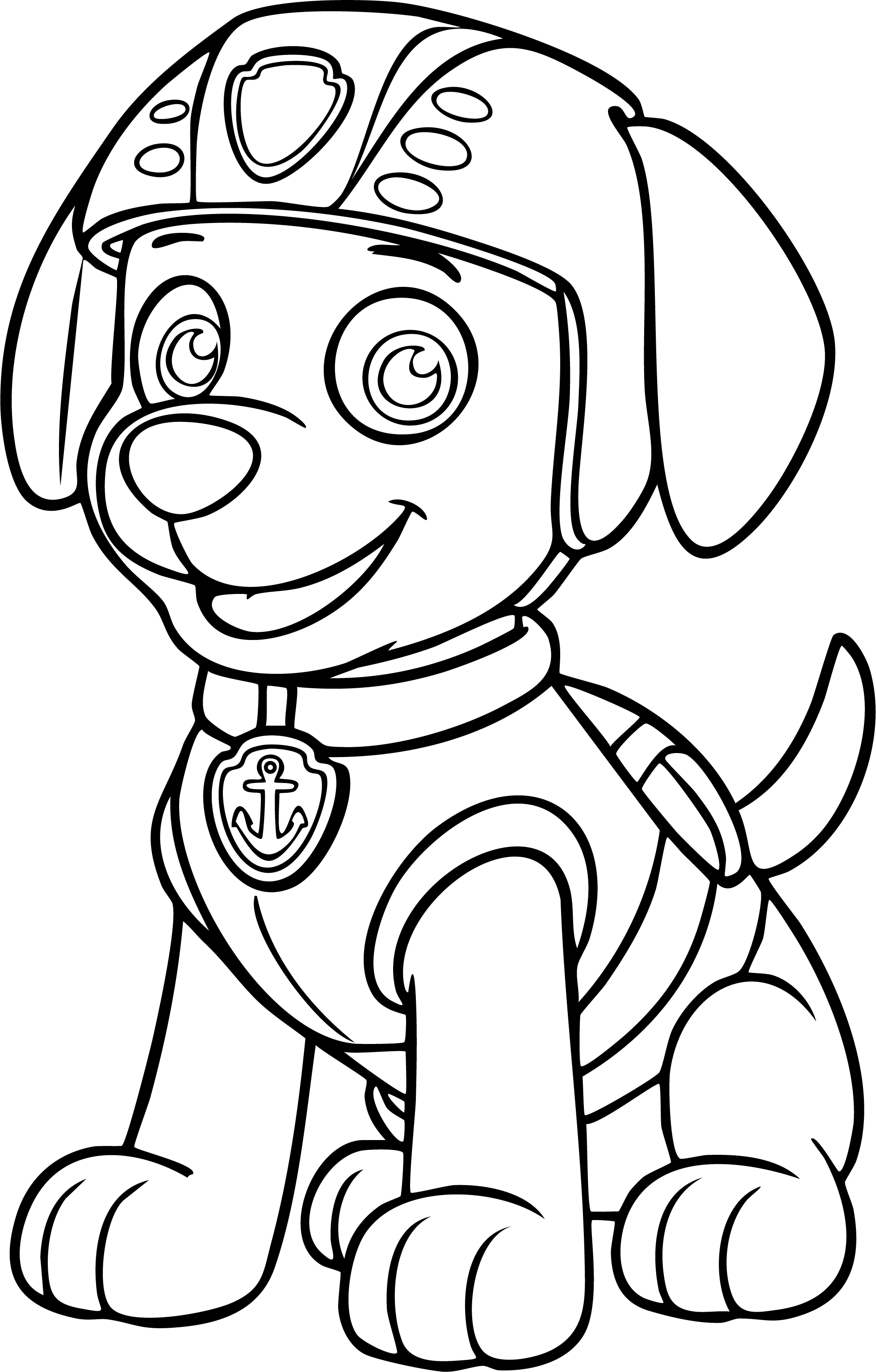 Zuma from Paw Patrol coloring page. Sitting down, smiling, wearing a safety helmet and pup pack with an anchor logo.