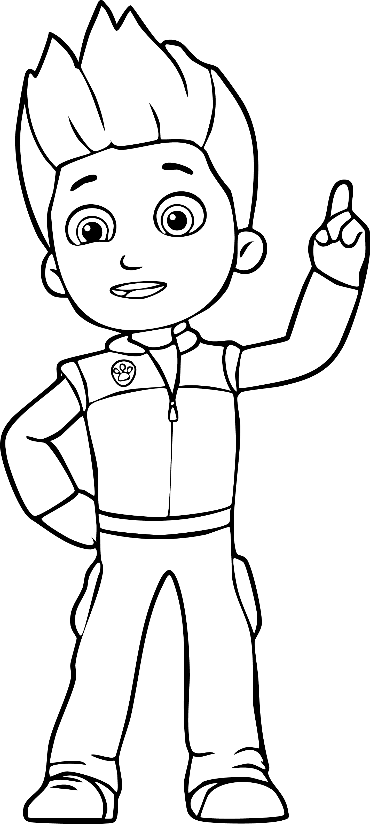 Ryder from Paw Patrol coloring page. Stands with one hand on hip, pointing up, smiling.