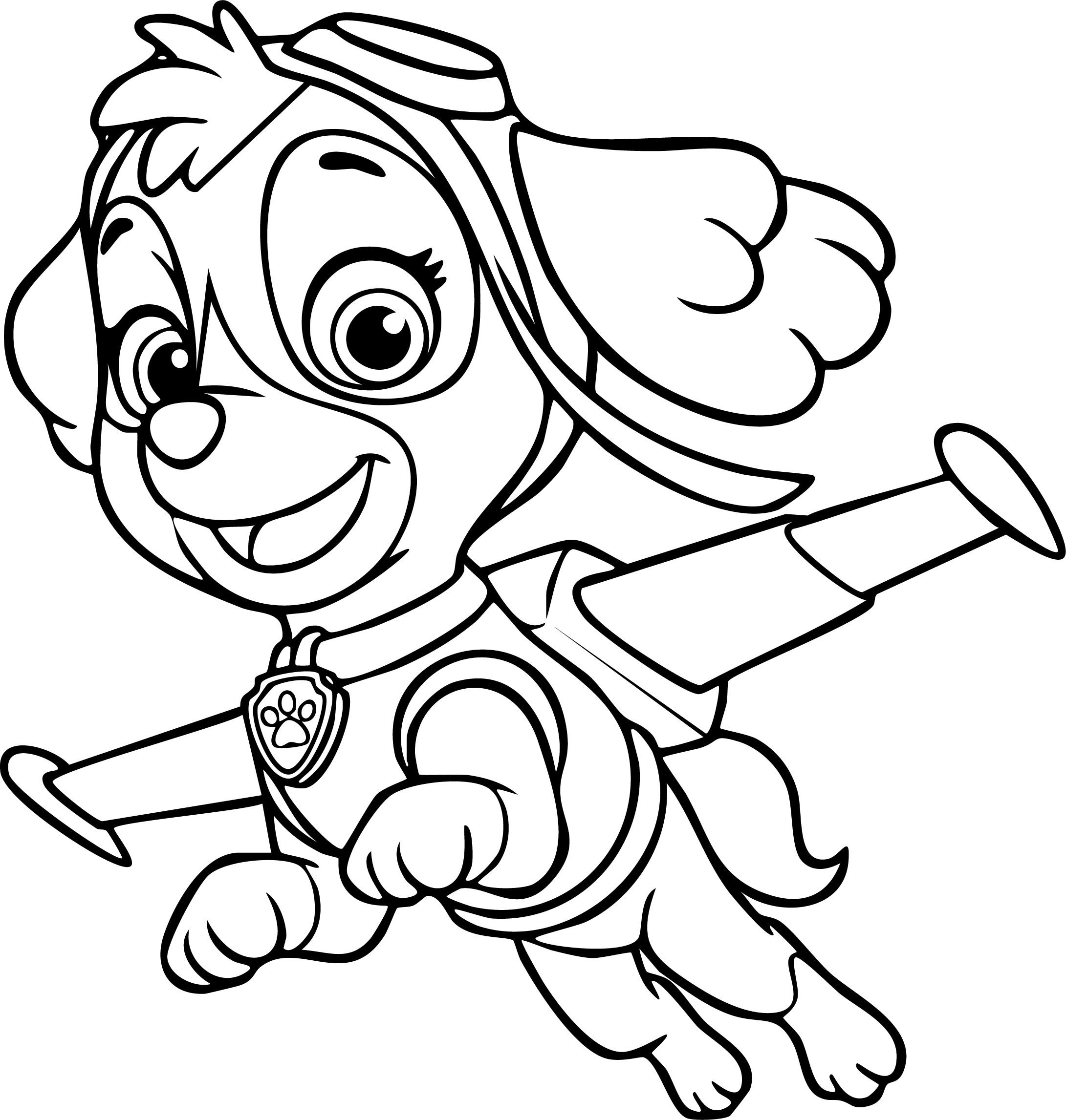 Skye from Paw Patrol coloring page. Flying through the air smiling with goggles on and wings extended.