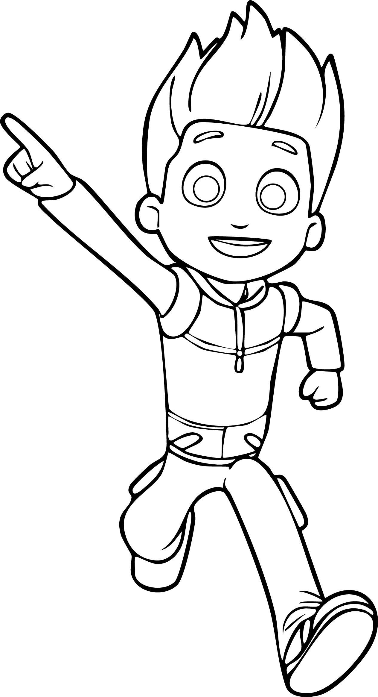 Ryder from Paw Patrol coloring page. Character points ahead and runs with a big smile and excited expression.