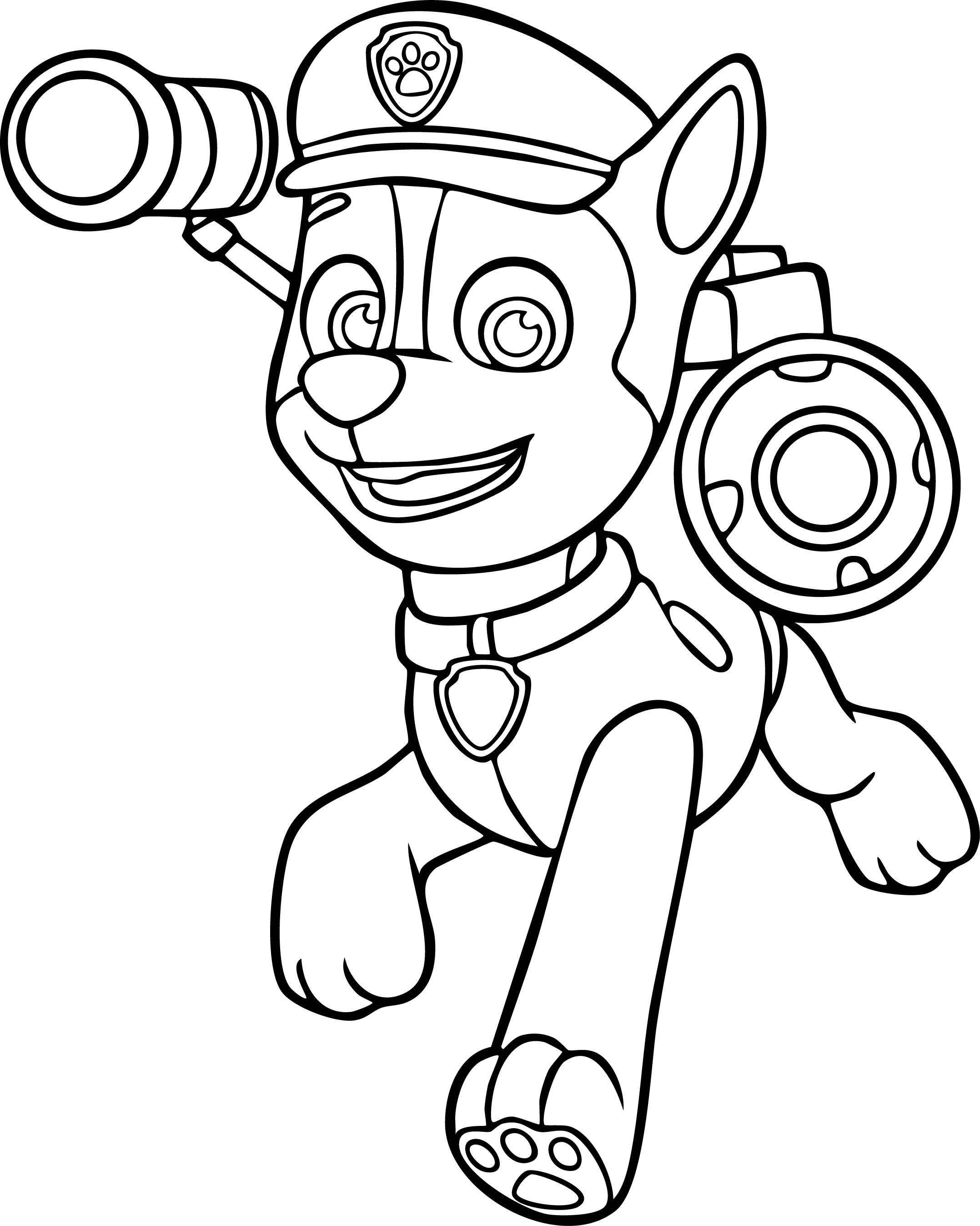 Chase from Paw Patrol coloring page. Leaping forward happily with a megaphone attached to his police pup pack.