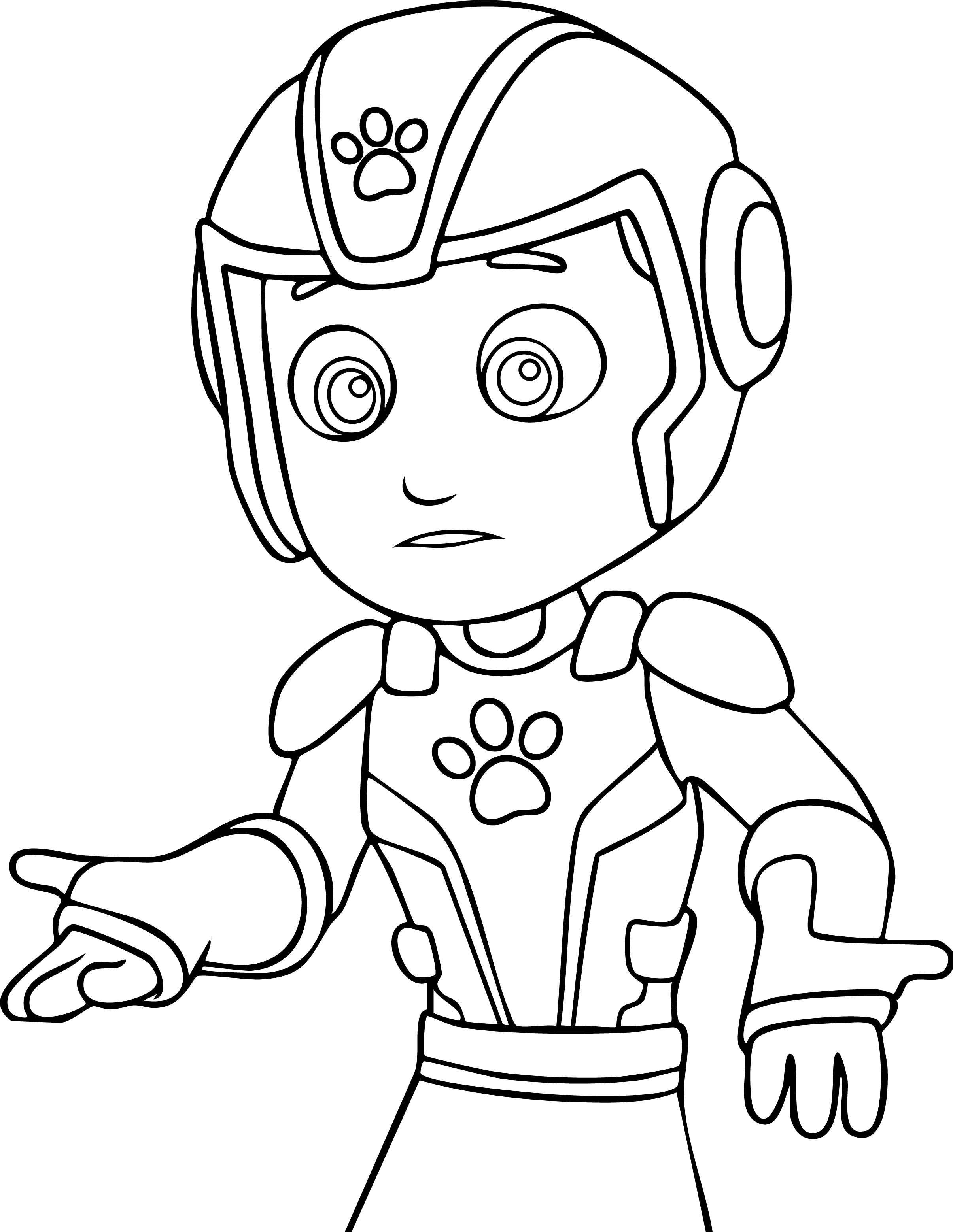 Ryder from PAW Patrol coloring page. Line art portrait of Ryder wearing full Mission PAW armor and helmet, standing.