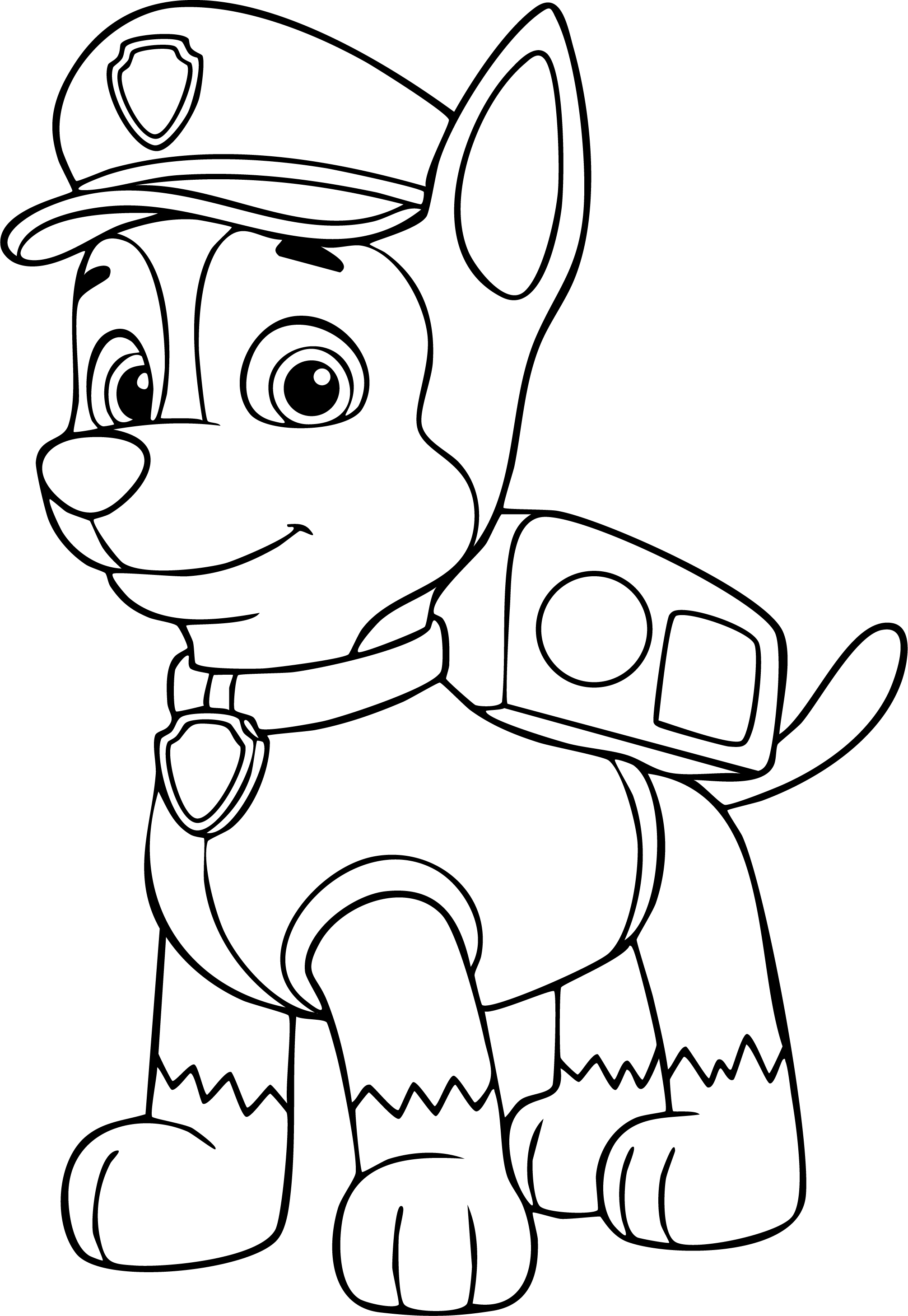 Chase from Paw Patrol coloring page. Standing proudly with his standard cap and rescue pup pack.