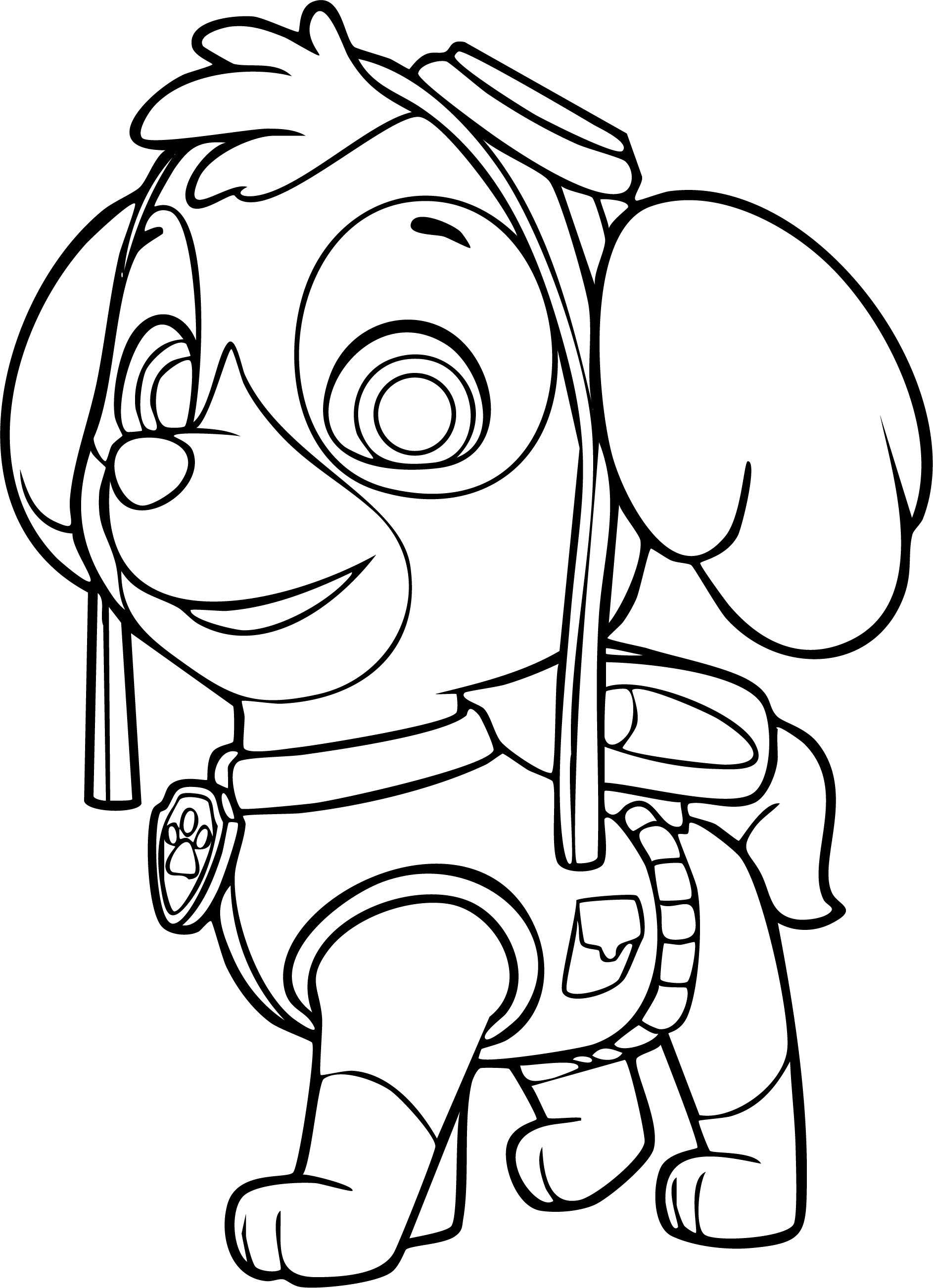 Skye from Paw Patrol coloring page. Standing on all fours with goggles pushed up onto her aviator hat.