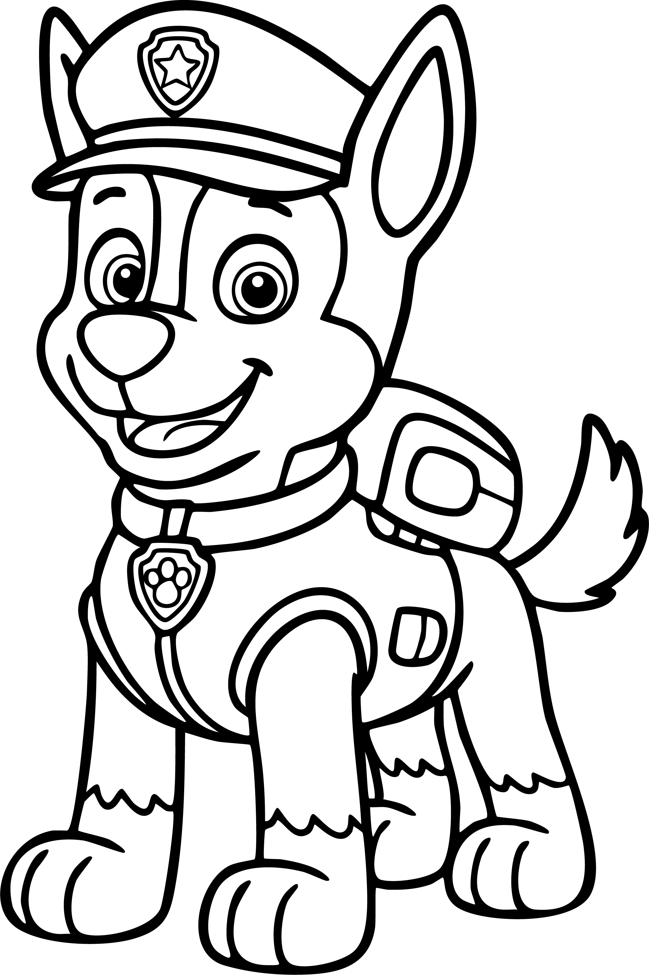 Chase from PAW Patrol coloring page. Chase the German Shepherd standing, wearing his full police uniform and hat, smiling.