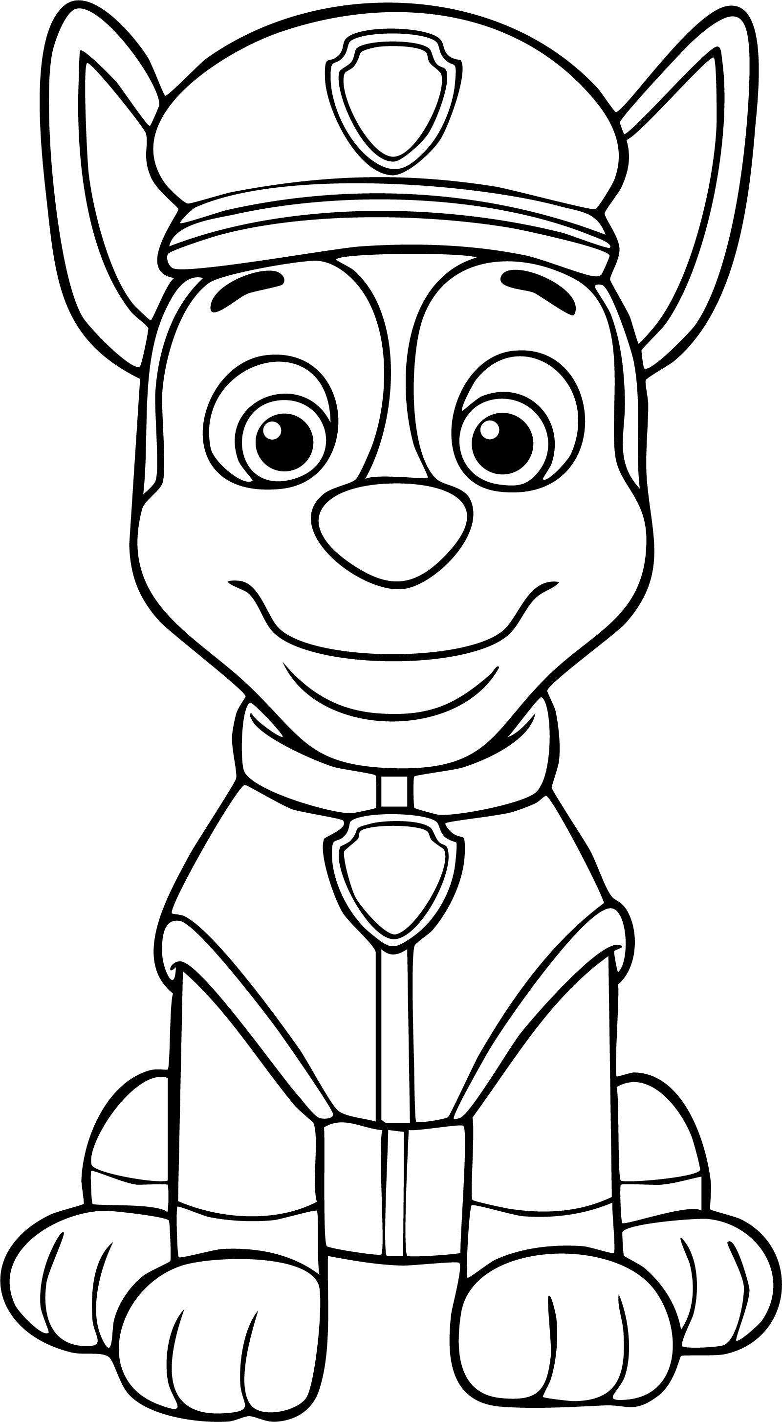 Chase from Paw Patrol coloring page. A smiling German Shepherd police dog sitting facing forward.