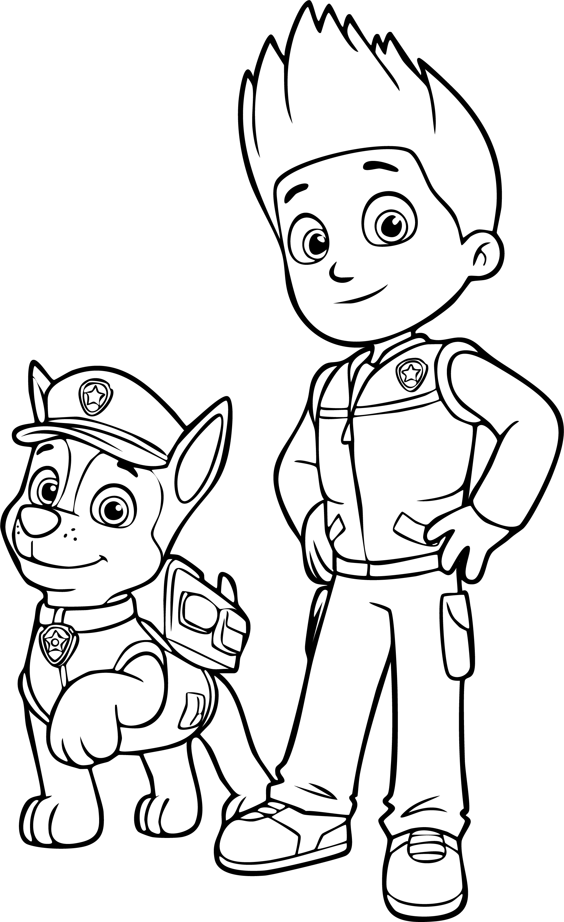 Ryder and Chase from Paw Patrol coloring page. Standing side-by-side, Ryder with hands on hips, Chase in uniform.