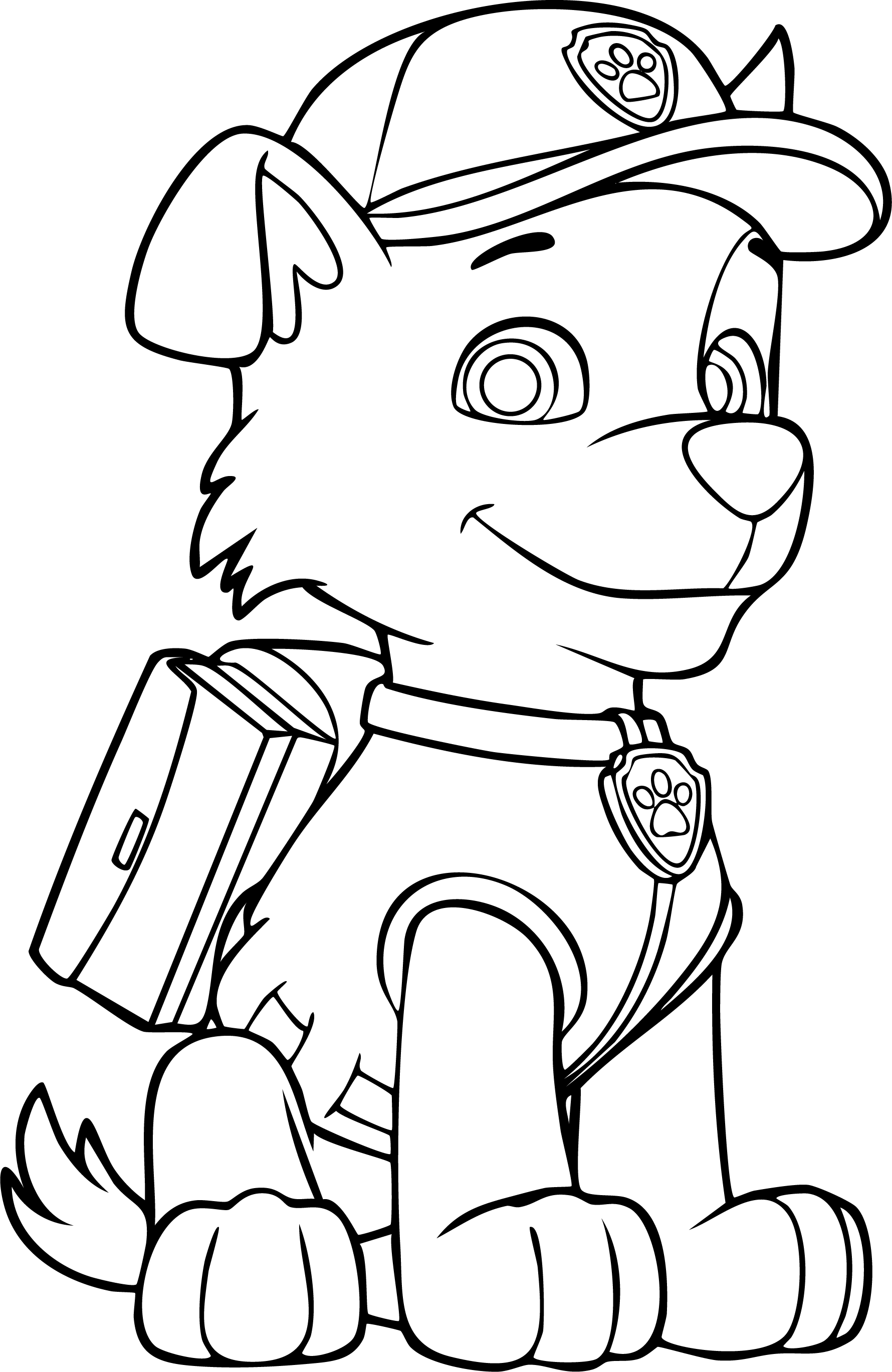Rocky from Paw Patrol coloring page. Sitting down wearing his cap with a closed recycling tool backpack.