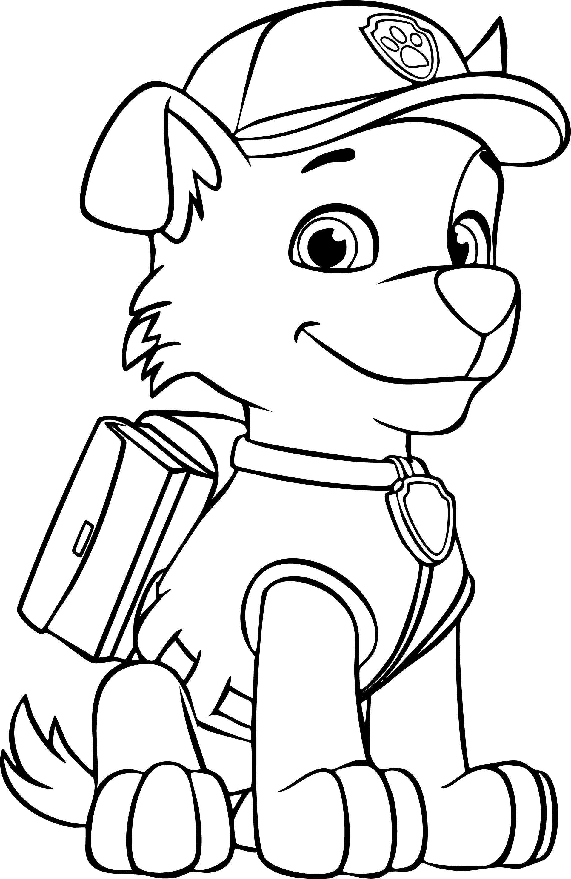 Rocky from PAW Patrol coloring page. Rocky the mixed breed pup sitting, smiling, wearing his recycling cap and vest.
