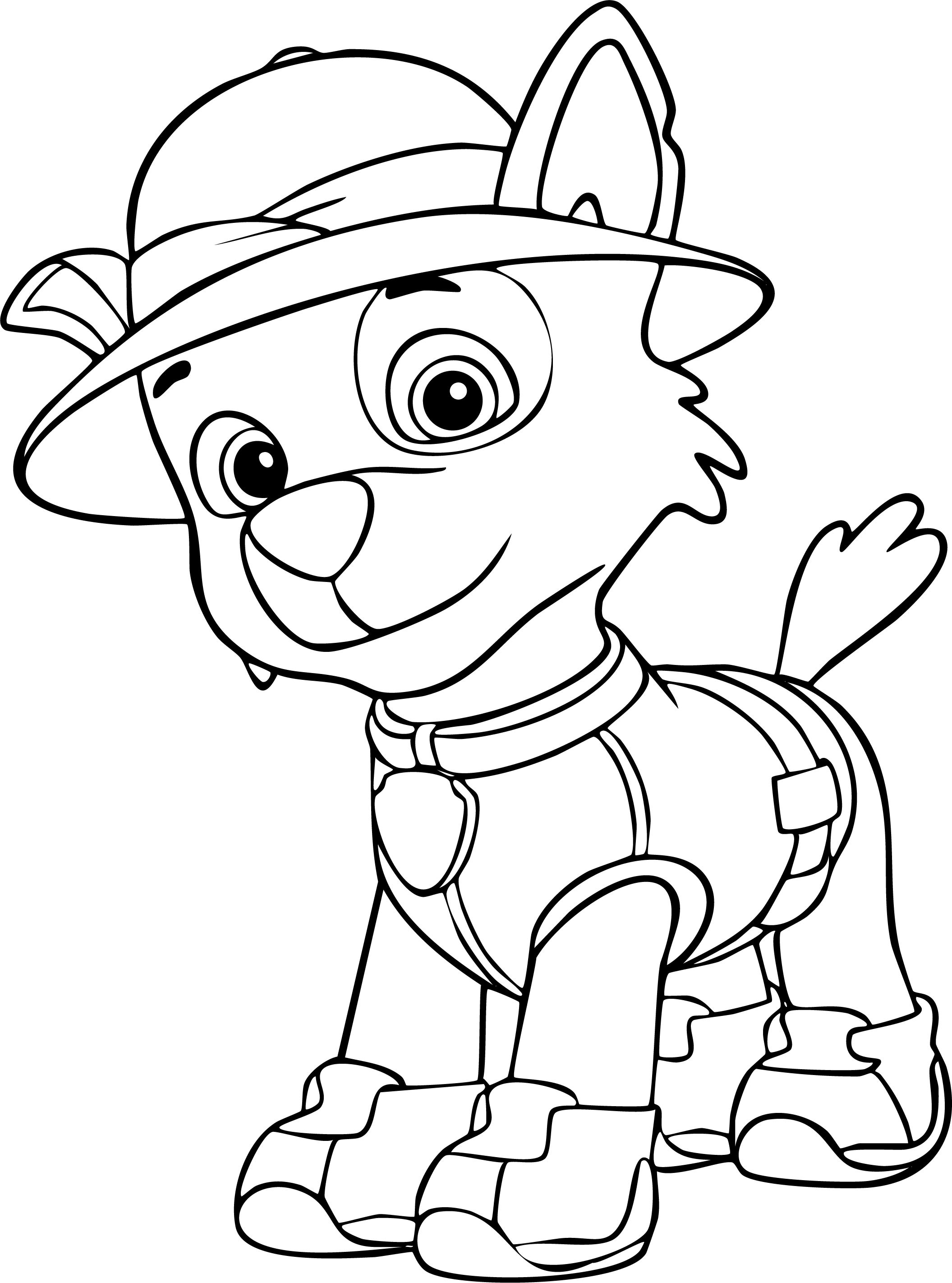 Tracker from Paw Patrol coloring page. Sitting down in his explorer safari hat and pup pack, smiling with big ears.