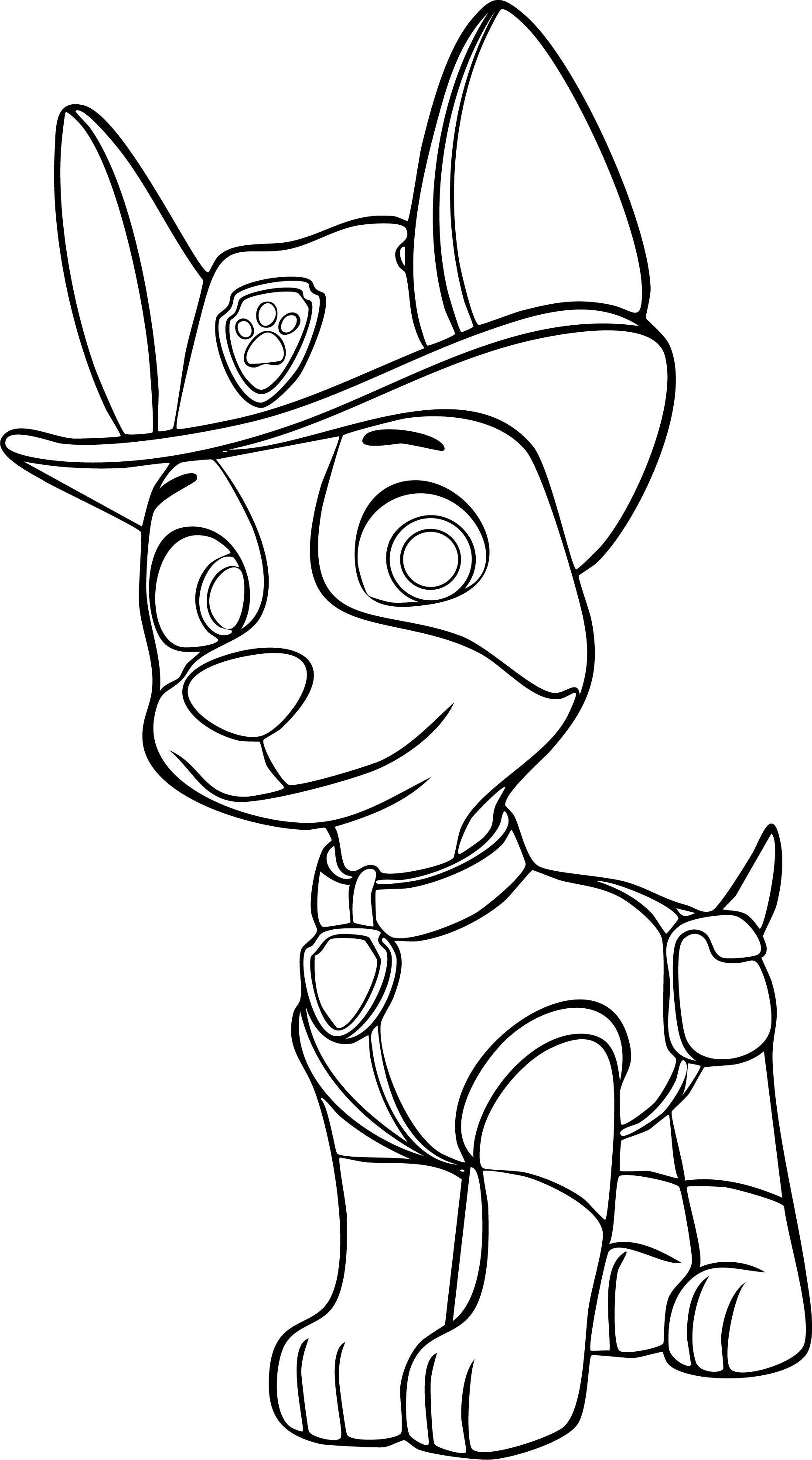 Tracker from Paw Patrol coloring page. A standing pup wearing a safari hat and vest, smiling.