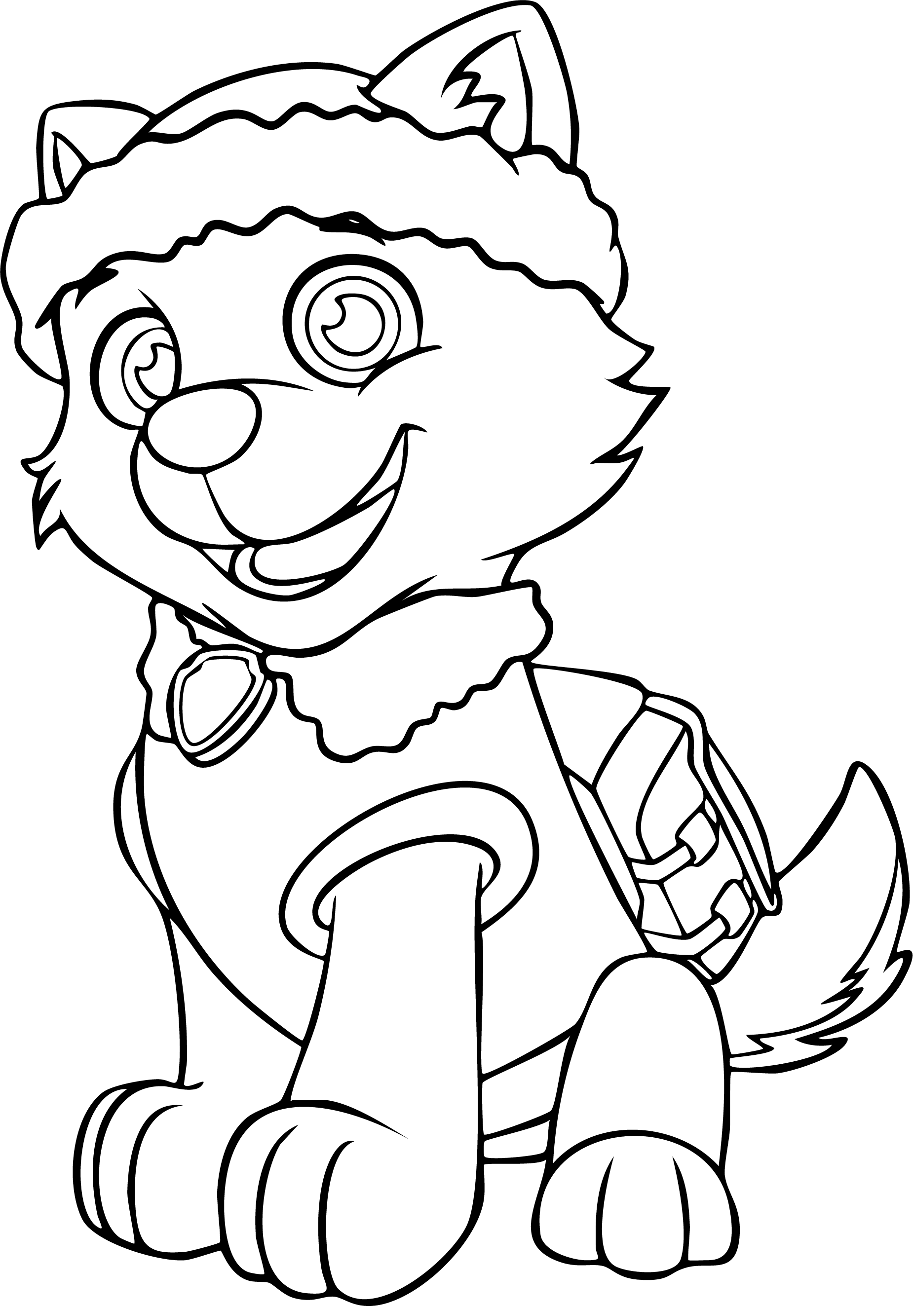 Everest from Paw Patrol coloring page. Sitting and smiling in her fur-trimmed headwear and rescue pup pack.