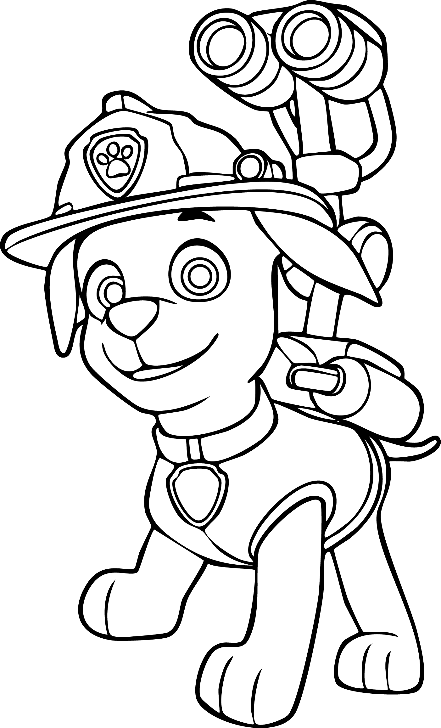 Marshall from Paw Patrol coloring page. Walking Dalmatian wearing a fireman hat and large binoculars pack.