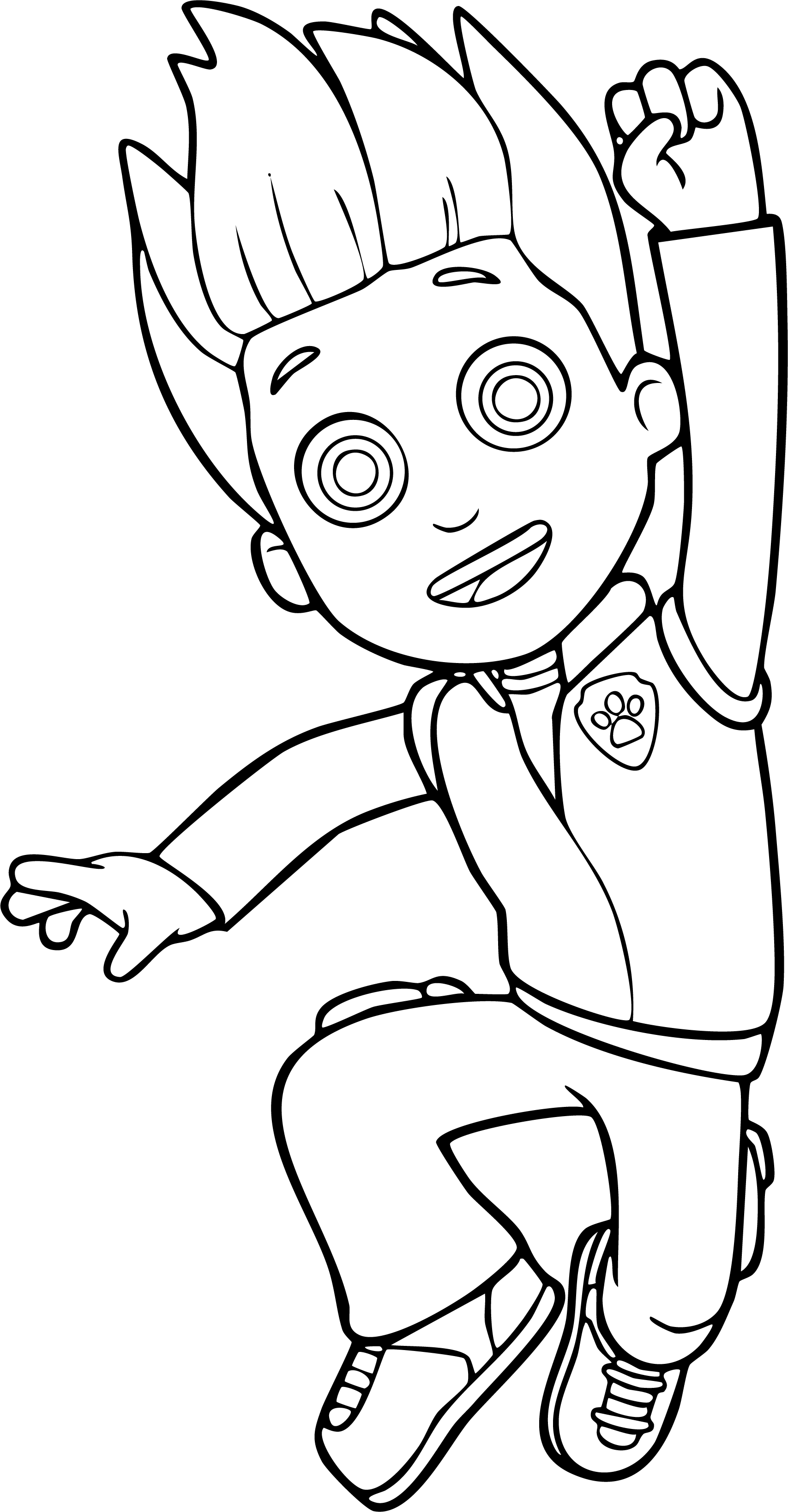 Ryder from Paw Patrol coloring page. Line art of Ryder jumping, fist raised, in red vest with badge.