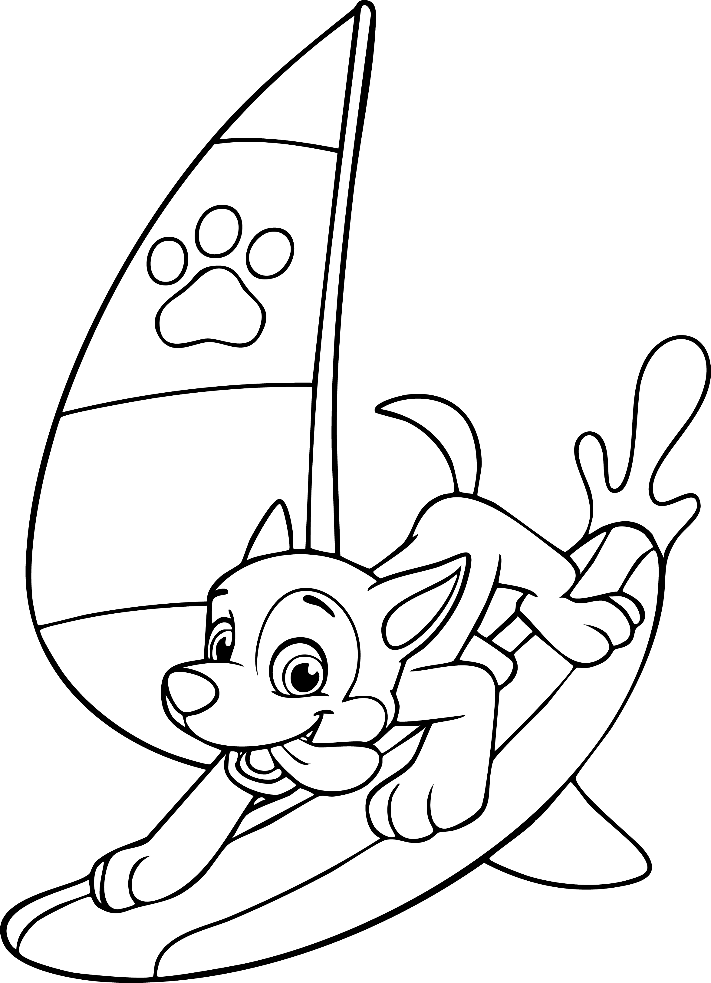 Zuma from Paw Patrol coloring page. Prone on a windsurfer with a paw print sail, big splash.