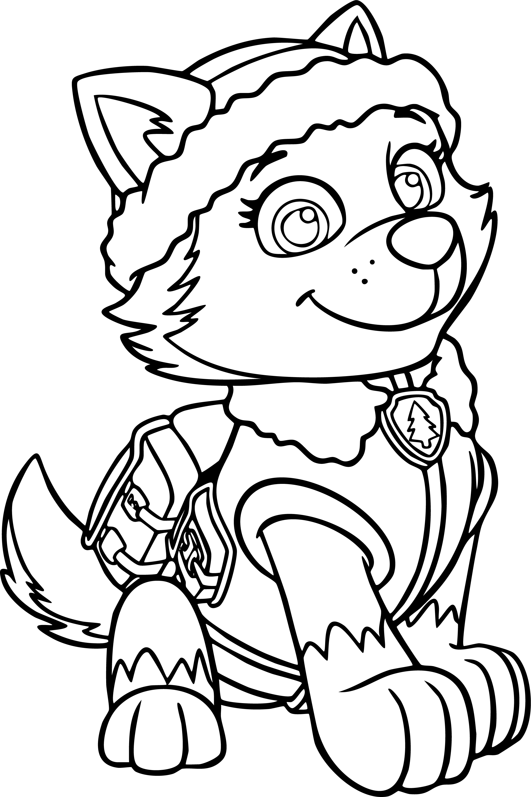 Everest from Paw Patrol coloring page. A husky pup sitting and smiling wearing a winter hat and pack.