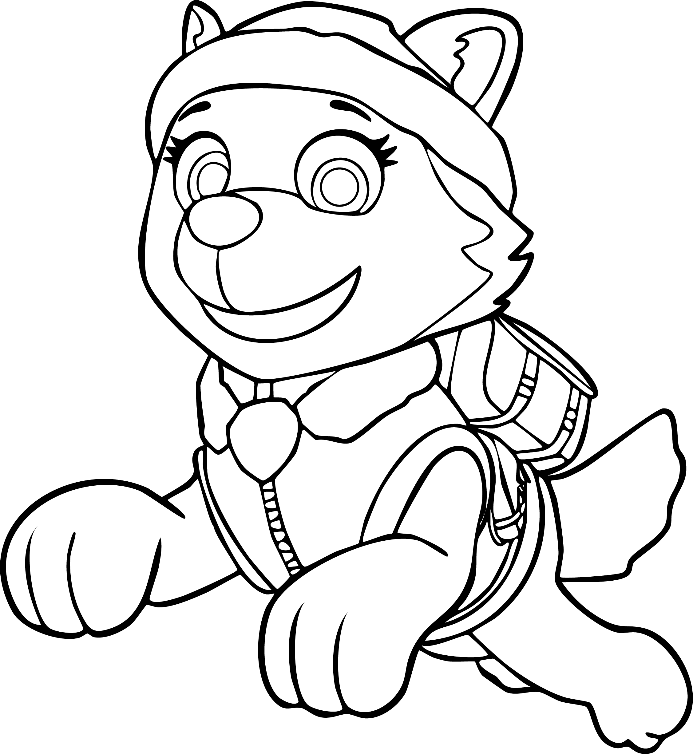 Everest from Paw Patrol coloring page. Line art pup leaping forward, wearing her winter hat, parka, and rescue backpack.