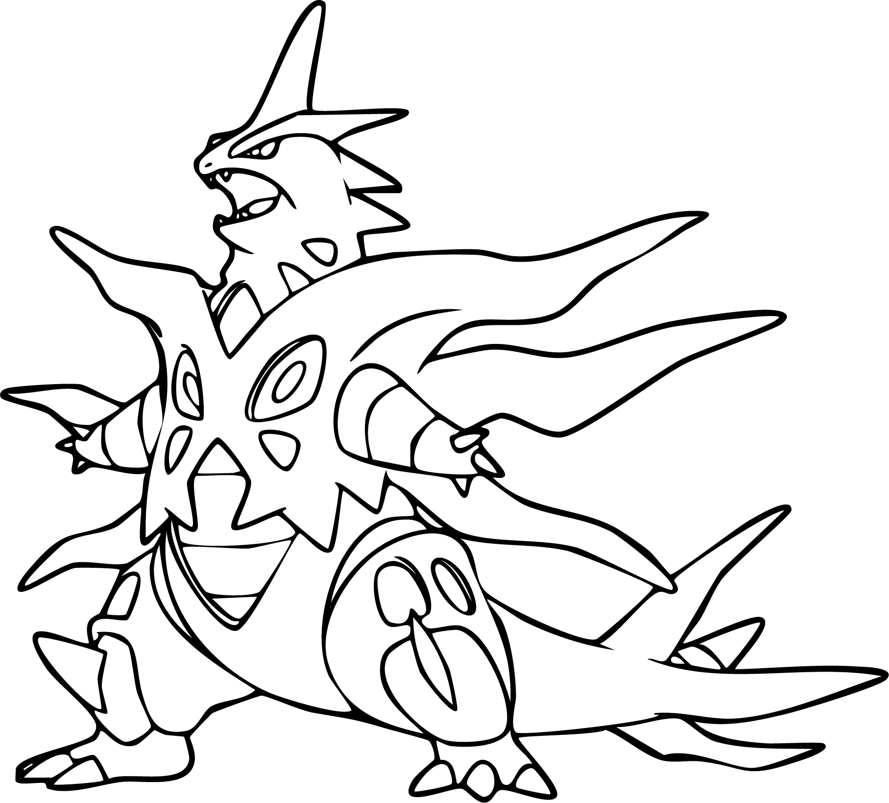 Mega Tyranitar from Pokémon coloring page. Full-body line art detailing the armored shell and spikes of Mega Tyranitar.