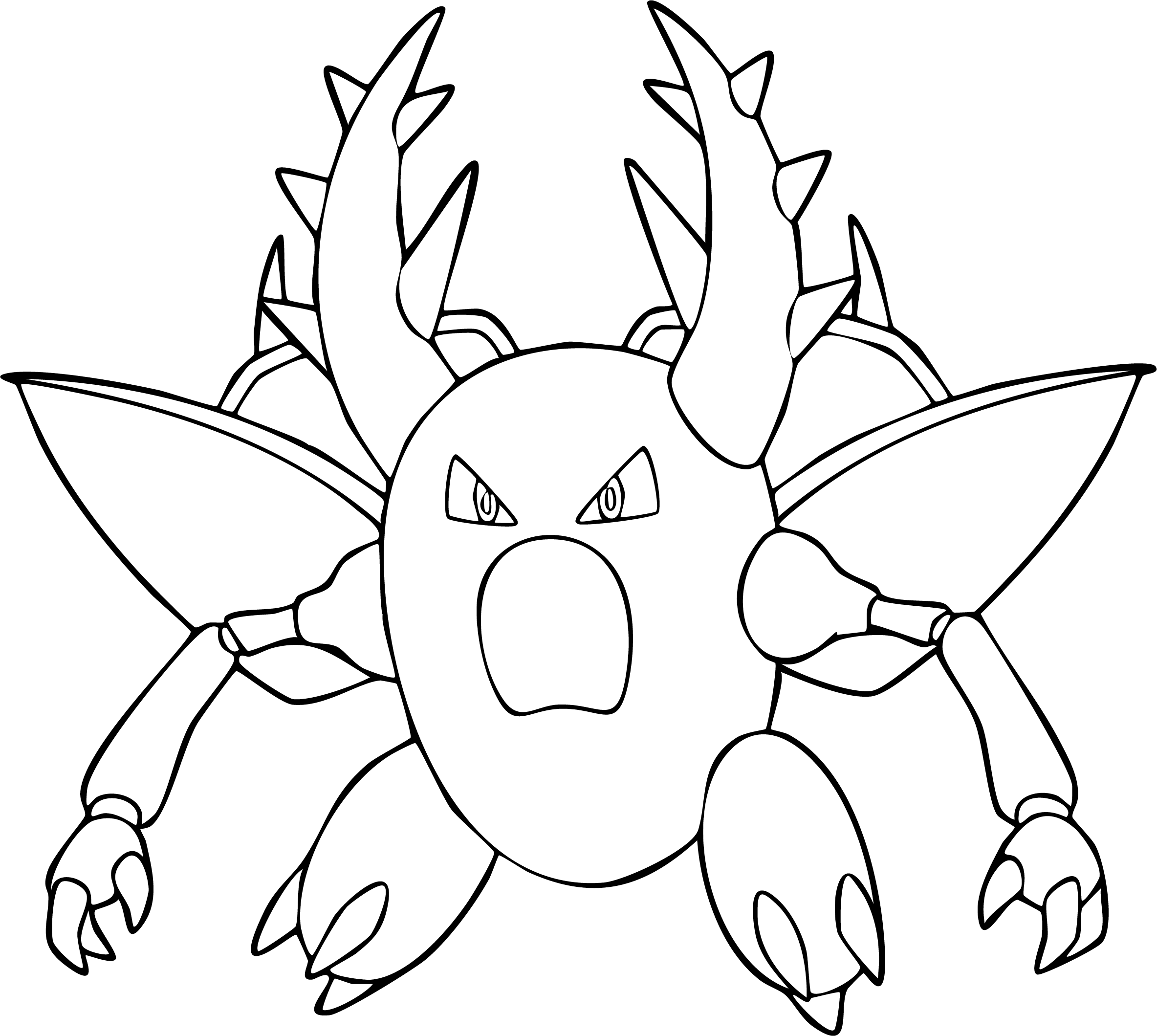Mega Pinsir from Pokémon coloring page. Mega Pinsir lunging forward, wide open mouth, giant horned pincer-horns raised.