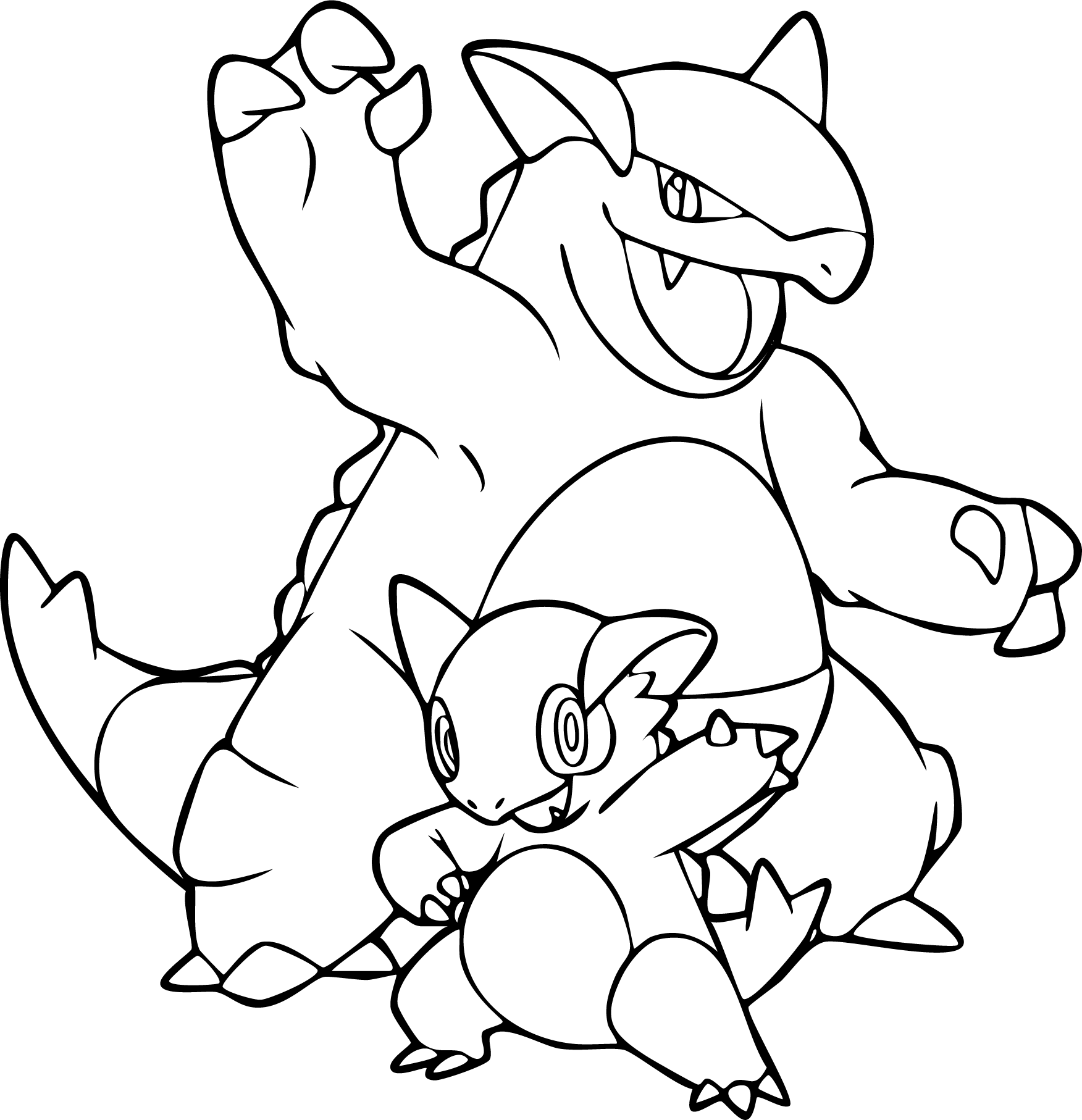 Kangaskhan from Pokémon coloring page. Standing protectively with its cute baby resting inside its pouch.