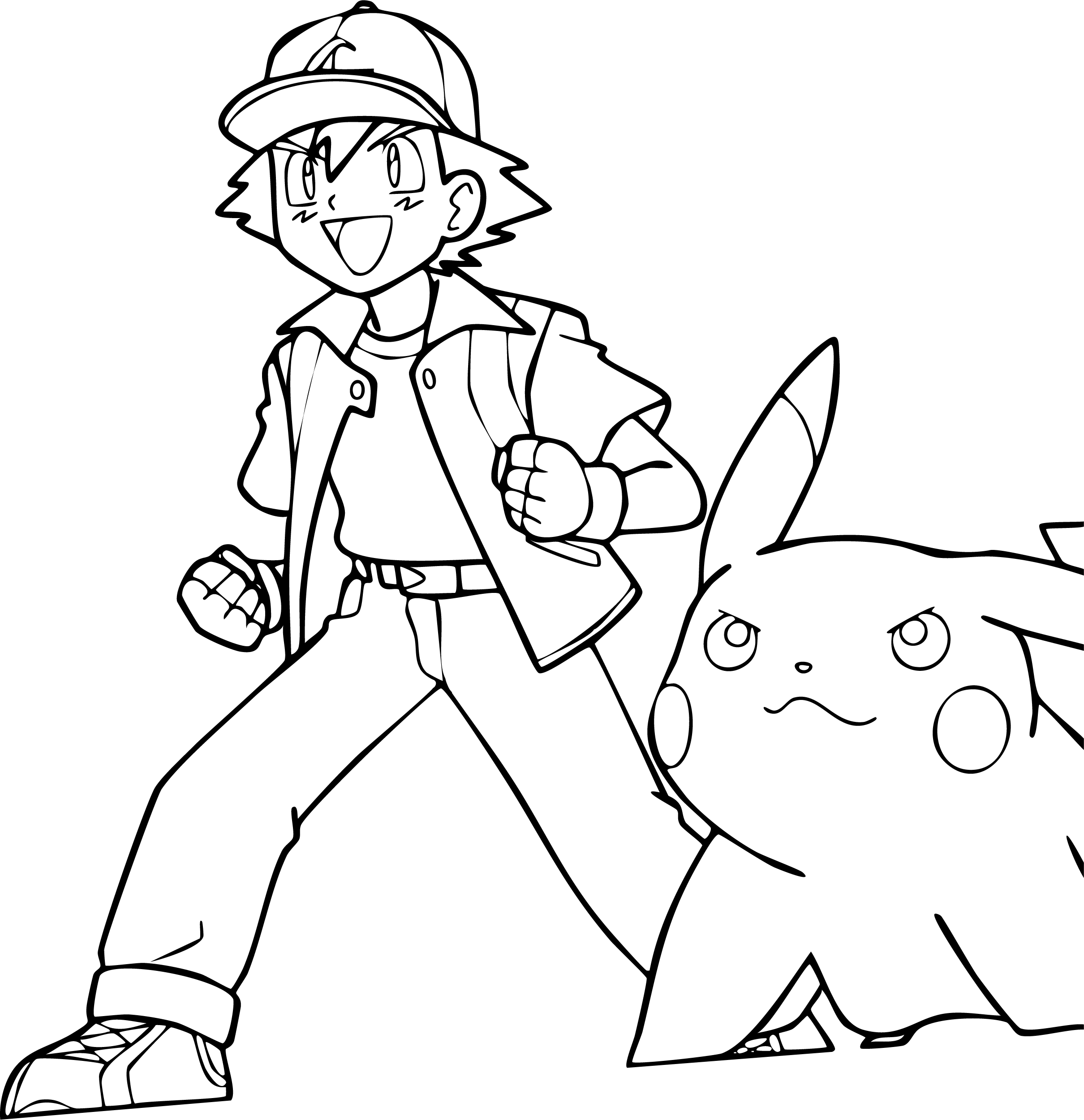 Ash Pikachu from Pokémon coloring page. Ash and Pikachu in a fierce battle stance, clenching fists.