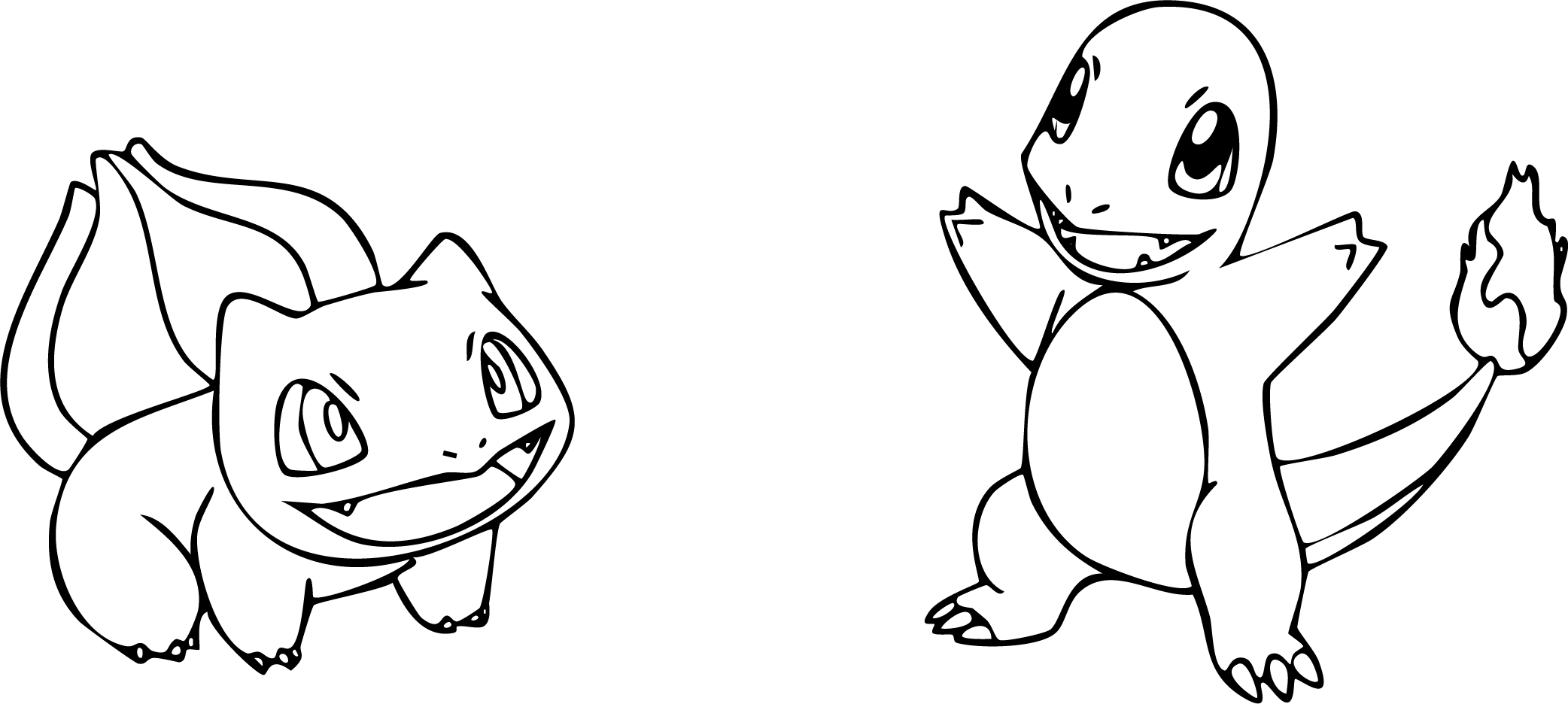 Bulbasaur and Charmander from Pokémon coloring page. Both are roaring together, Bulbasaur with its vine whips, Charmander with its fiery tail.
