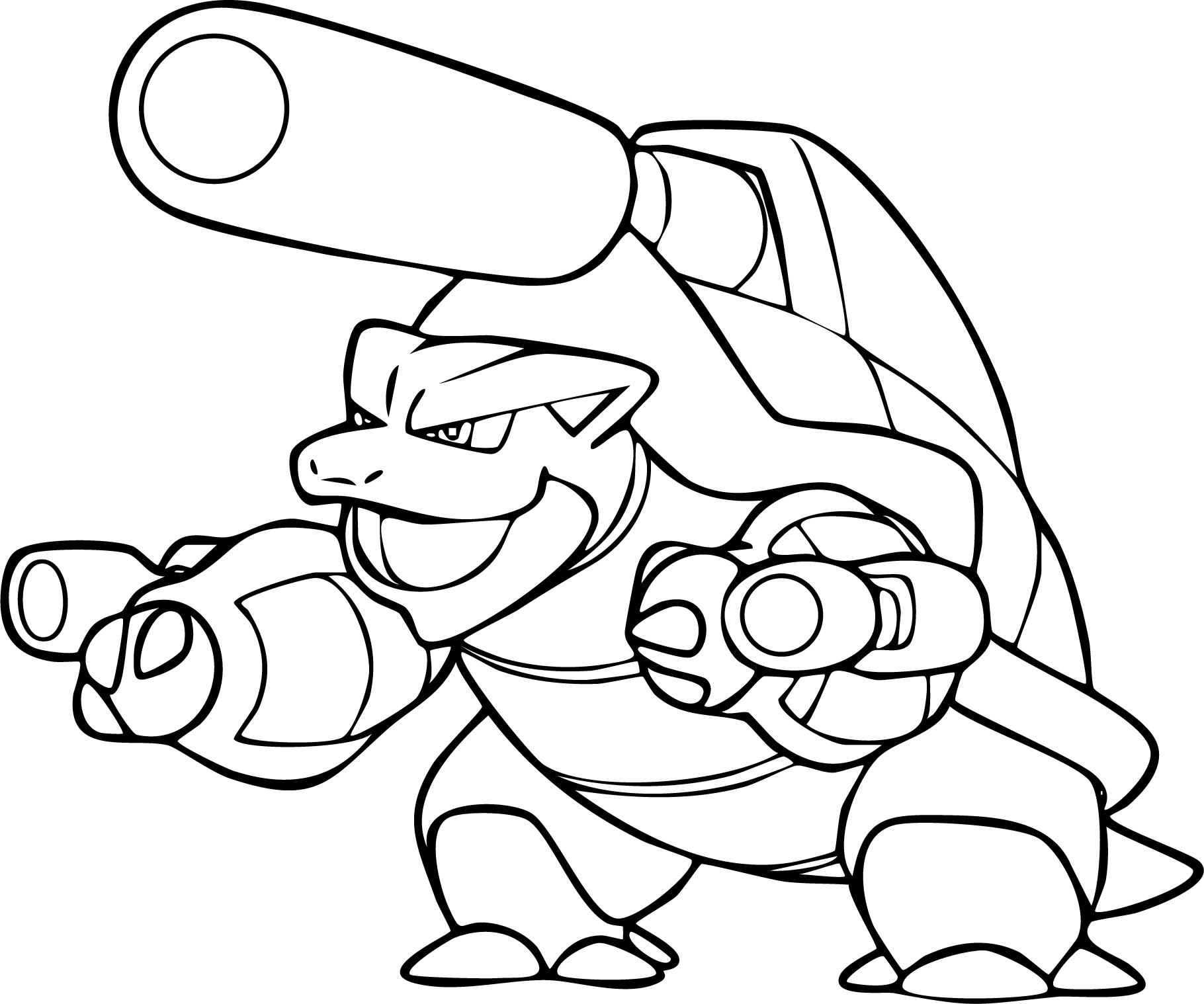 Blastoise from Pokémon coloring page. Detailed line art of Blastoise in an aggressive stance with arm cannons and a back cannon.