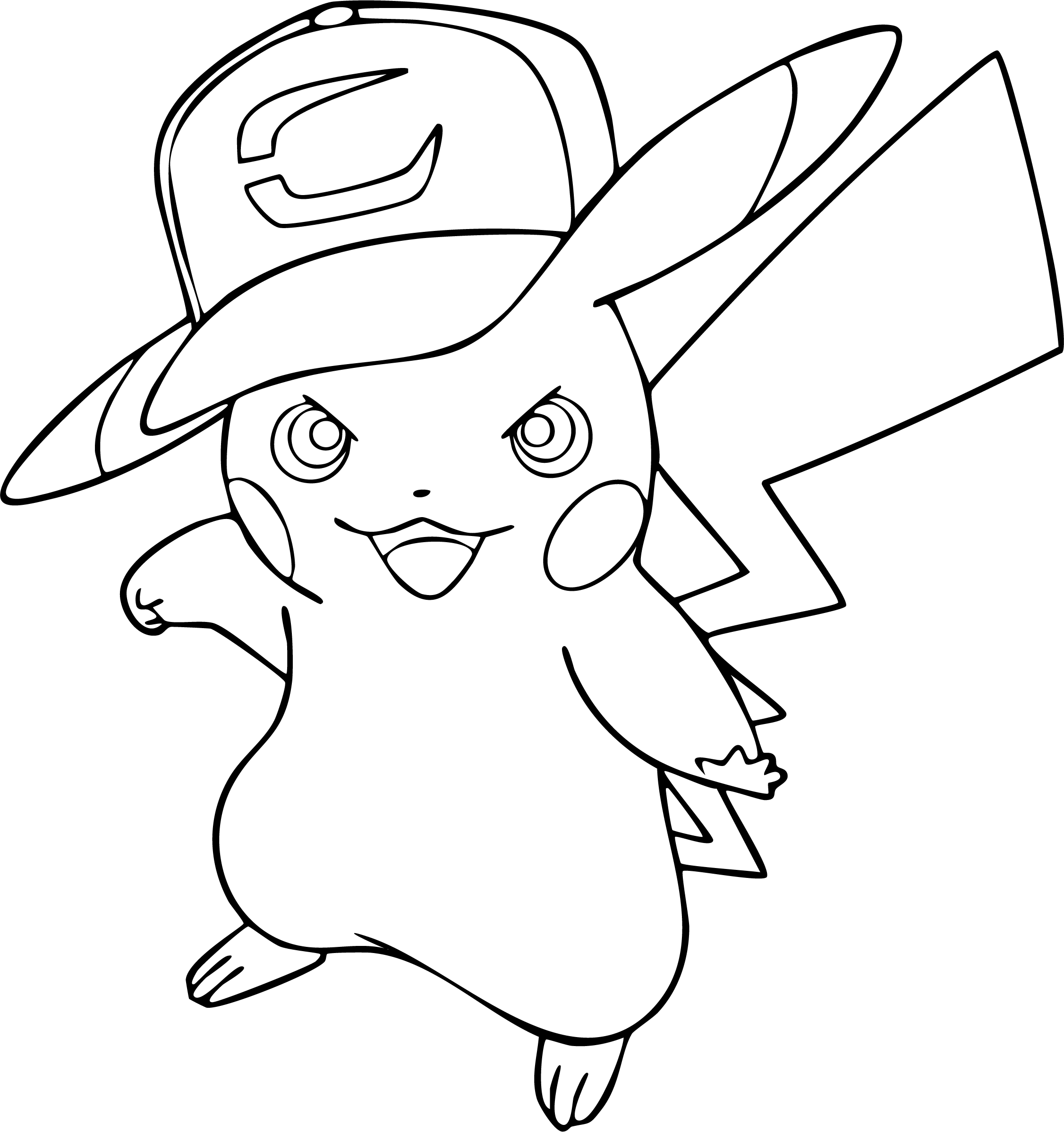 Pikachu from Pokémon coloring page. Standing and wearing Ash's iconic baseball cap.