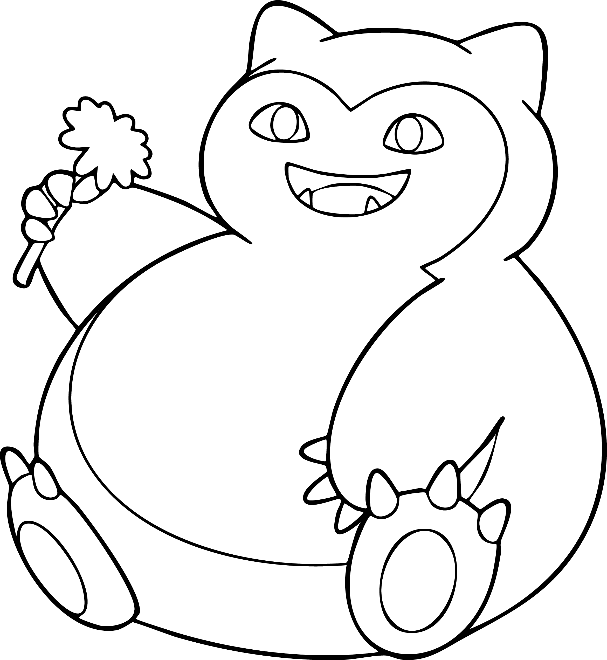 Snorlax from Pokémon coloring page. The large Pokémon is sitting down, smiling with its fangs, and holding a small dandelion.