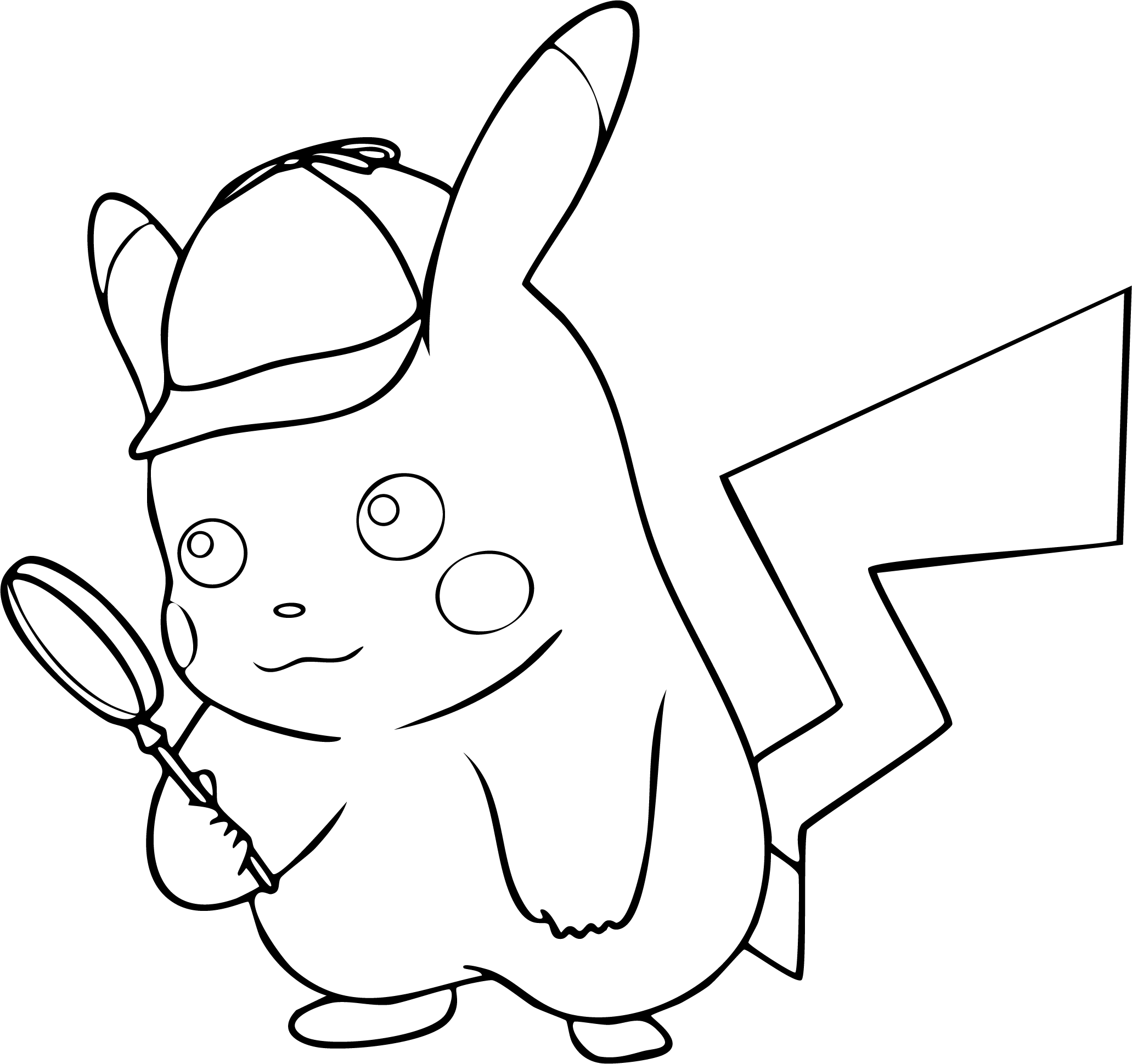 Pikachu from Pokémon coloring page. A cute Pikachu wearing a detective hat holds a magnifying glass.