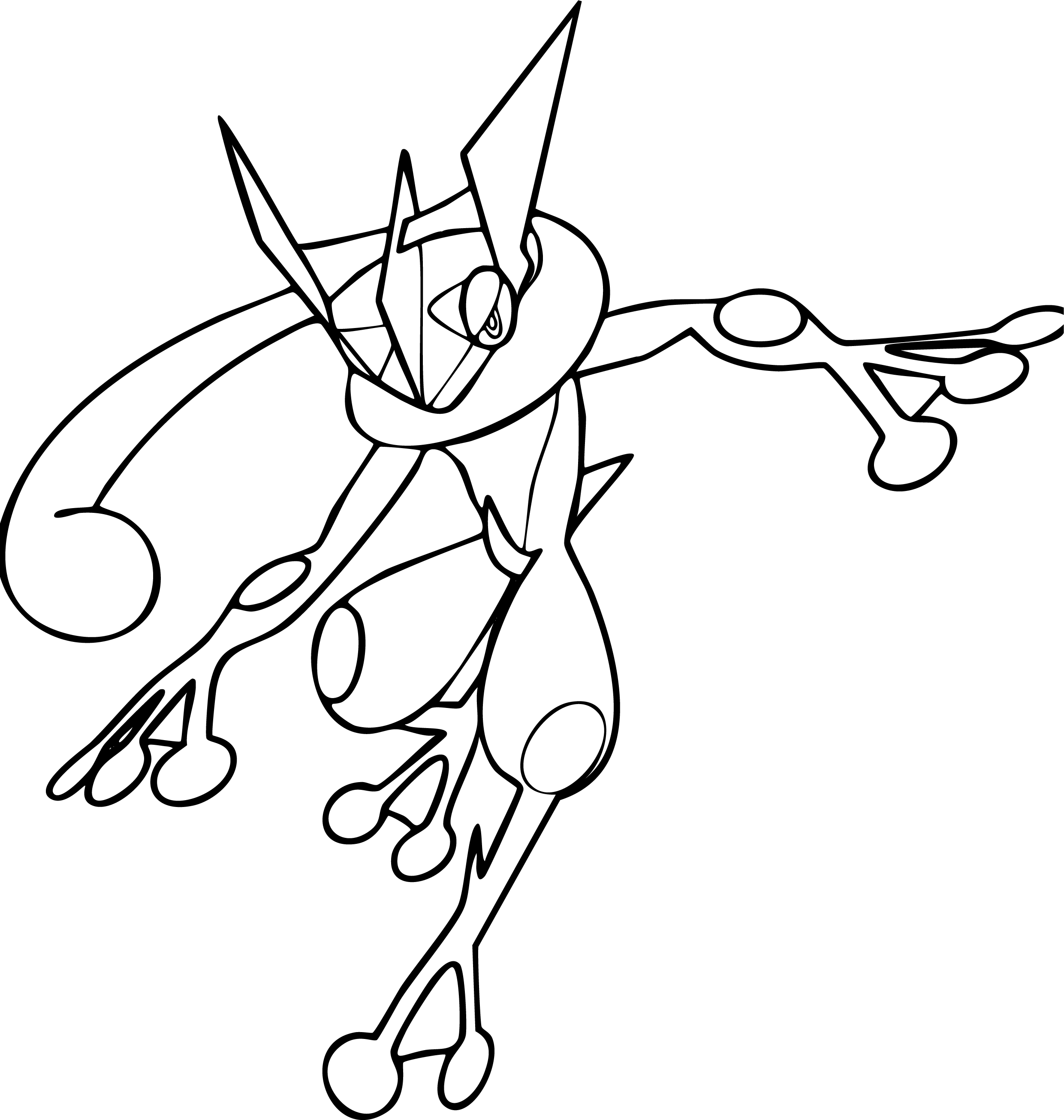 Greninja from Pokémon coloring page. Dynamic mid-air double team pose with spherical energy.