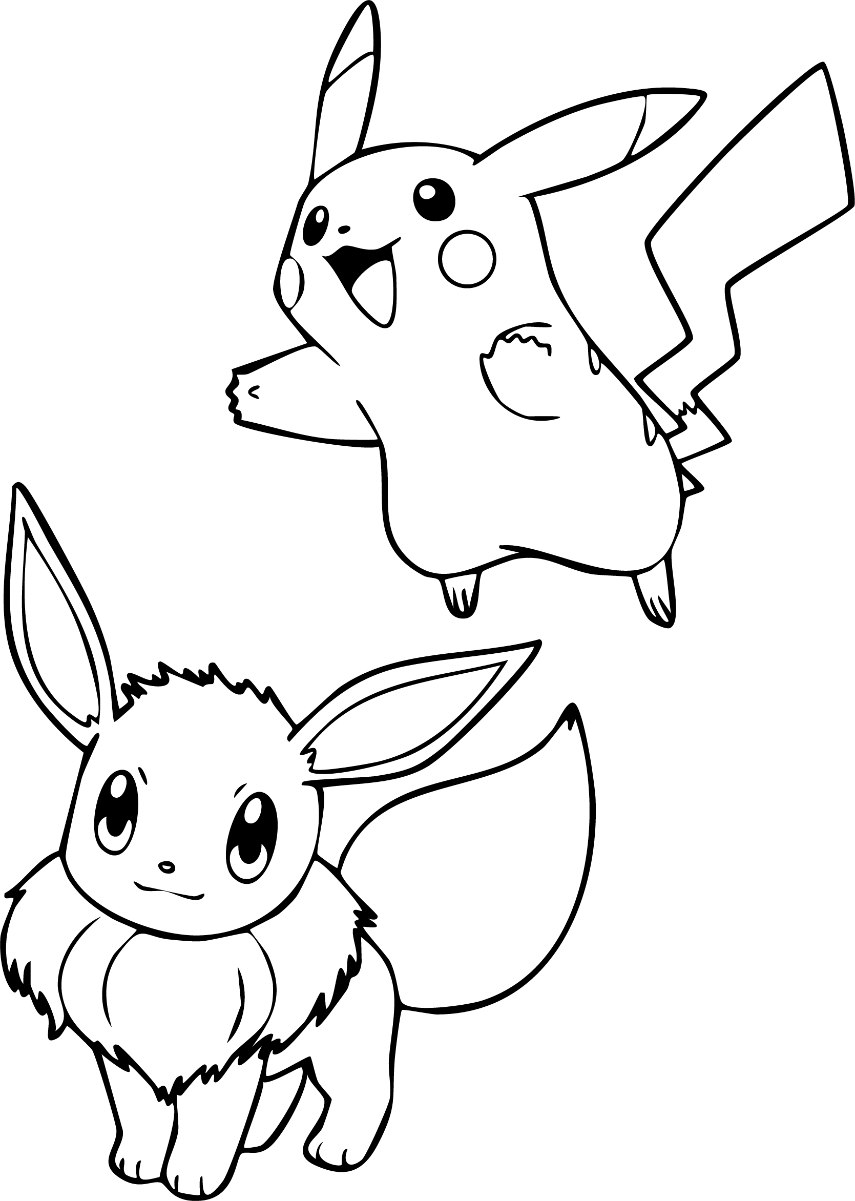 Pikachu and Eevee from Pokémon coloring page. A simple line drawing featuring Pikachu jumping and Eevee standing side-by-side.