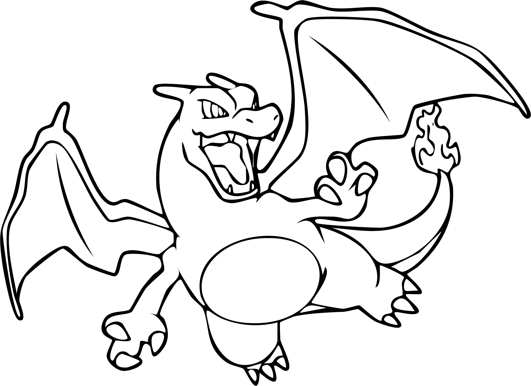 Charizard from Pokémon coloring page. Flying with wings spread wide and a flaming tail ready to attack.