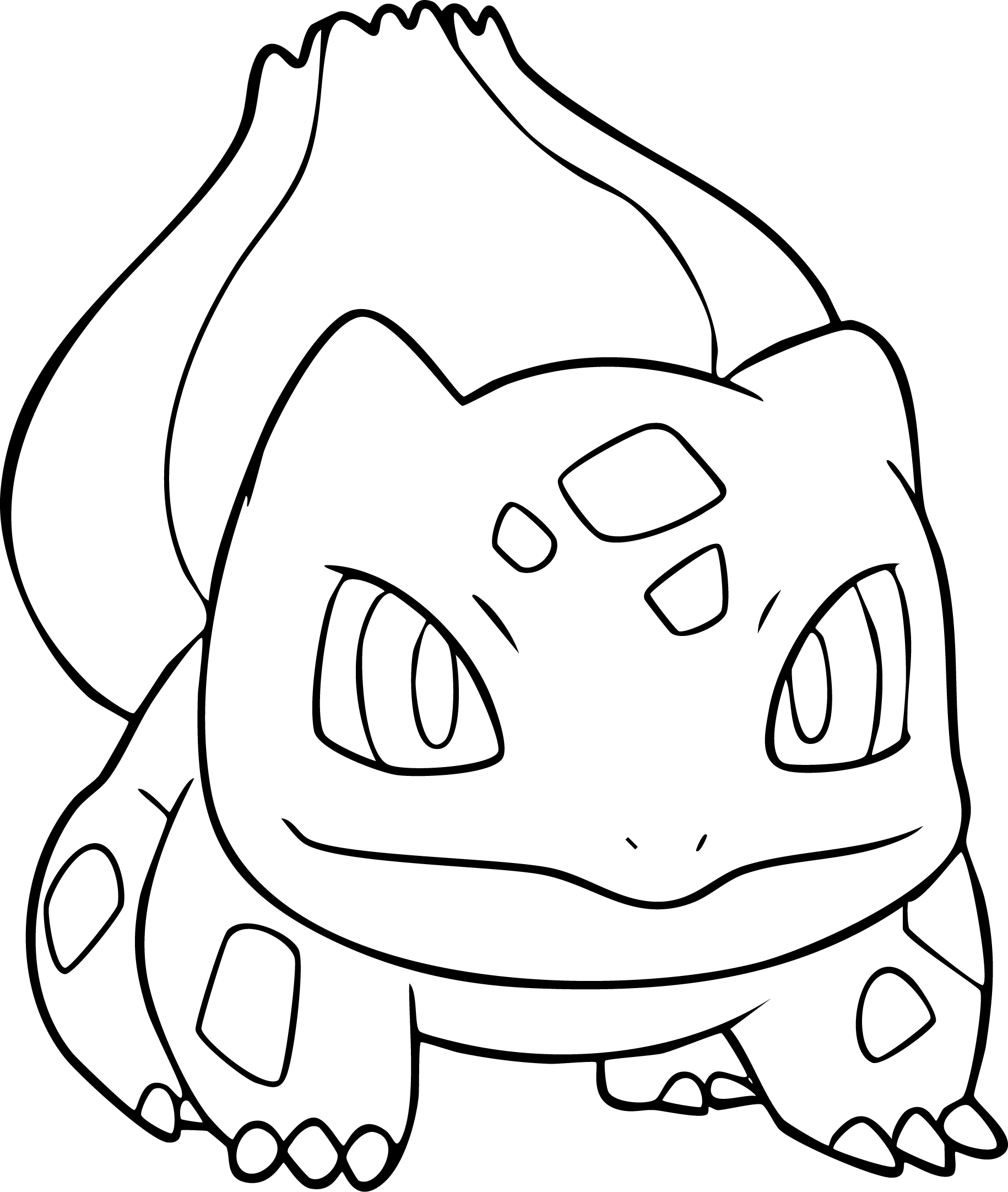 Bulbasaur from Pokémon coloring page. Bulbasaur is looking forward with a detailed bulb on its back.