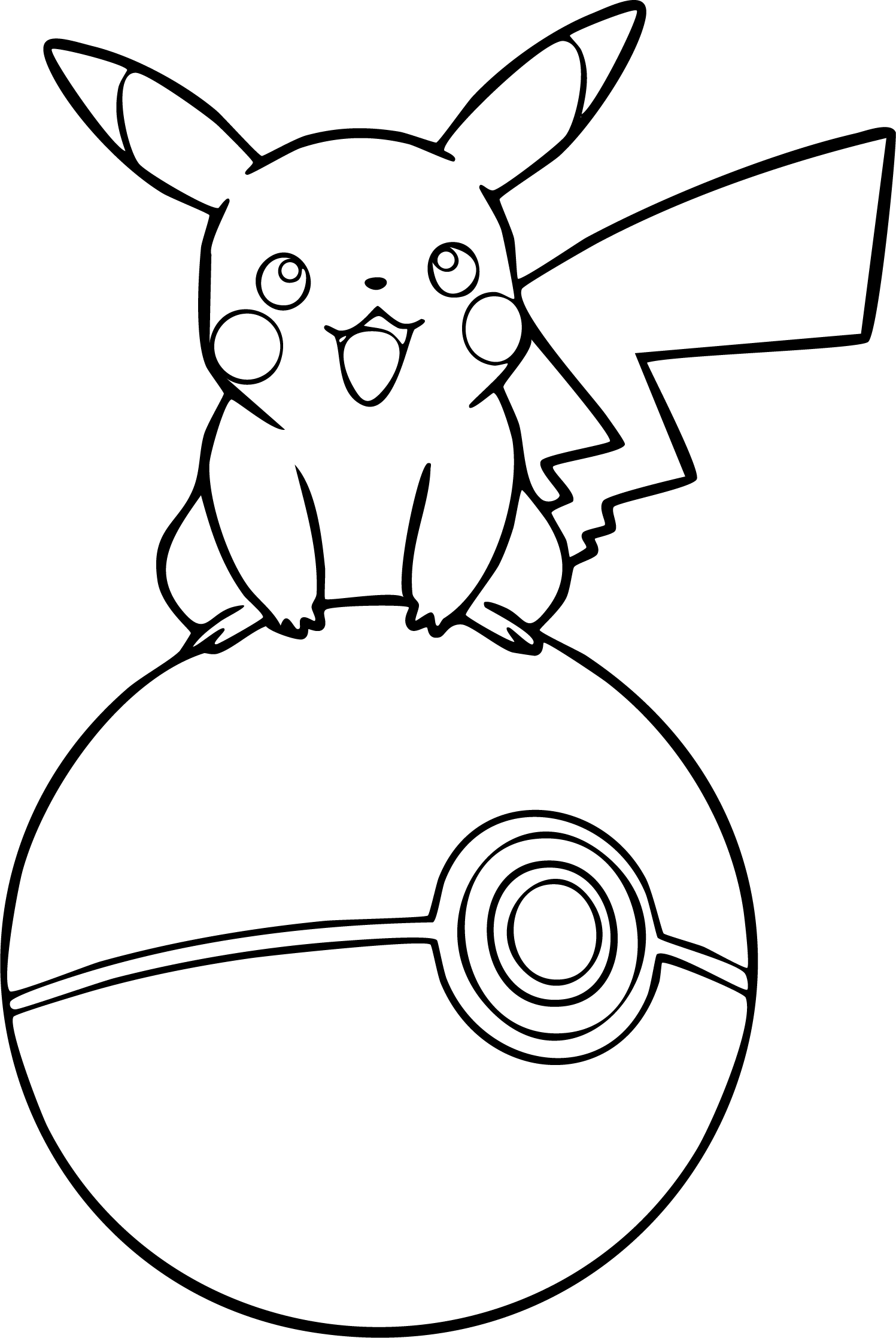 Pikachu from Pokémon coloring page. It is sitting happily on top of a massive Pokeball, showing off its tail.