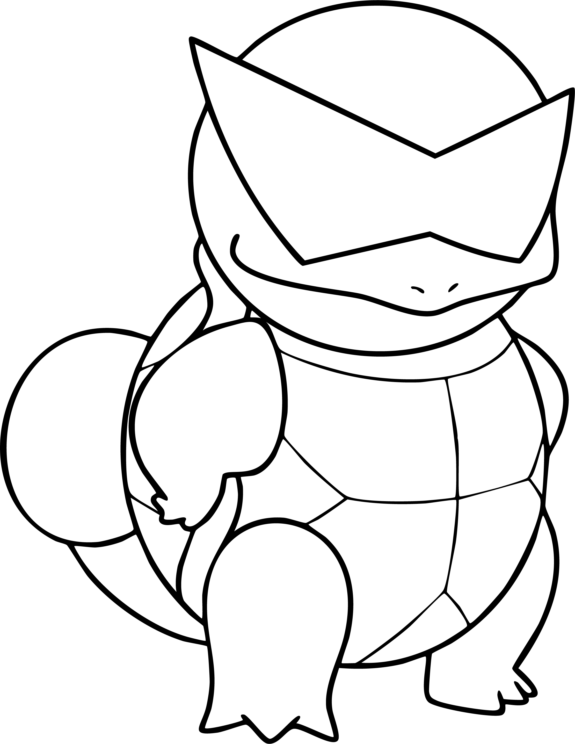 Squirtle from Pokémon coloring page. A line drawing of the turtle Pokémon Squirtle wearing cool-looking pointed sunglasses.