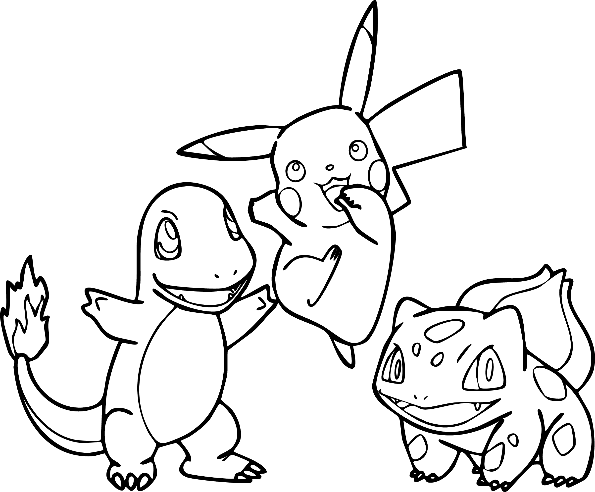 Pikachu, Charmander, and Bulbasaur from Pokémon coloring page. Pikachu is jumping with others waving.