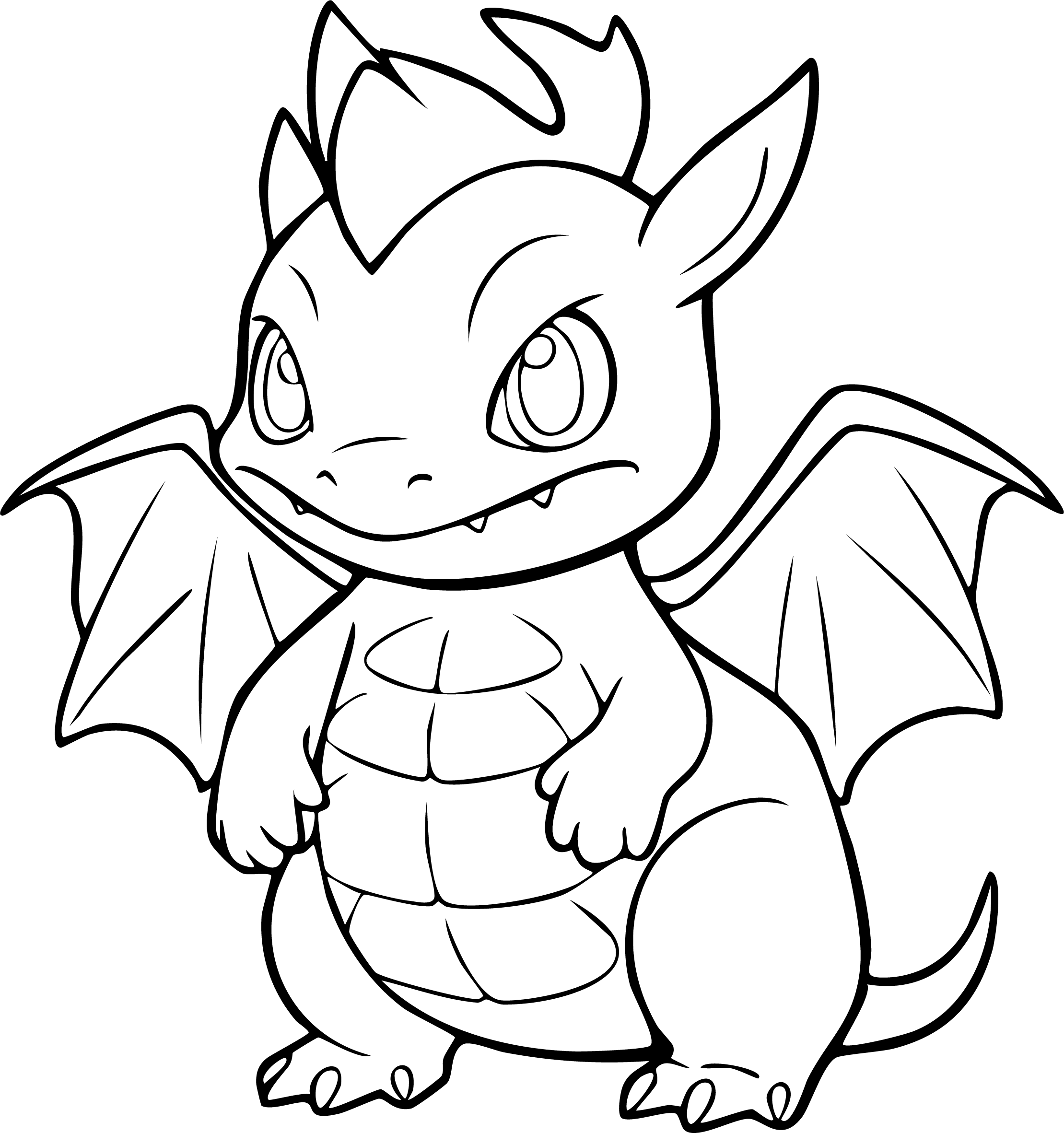 Dragonite from Pokémon coloring page. Stylized Dragonite-like creature standing, with small wings and a large, central horn.