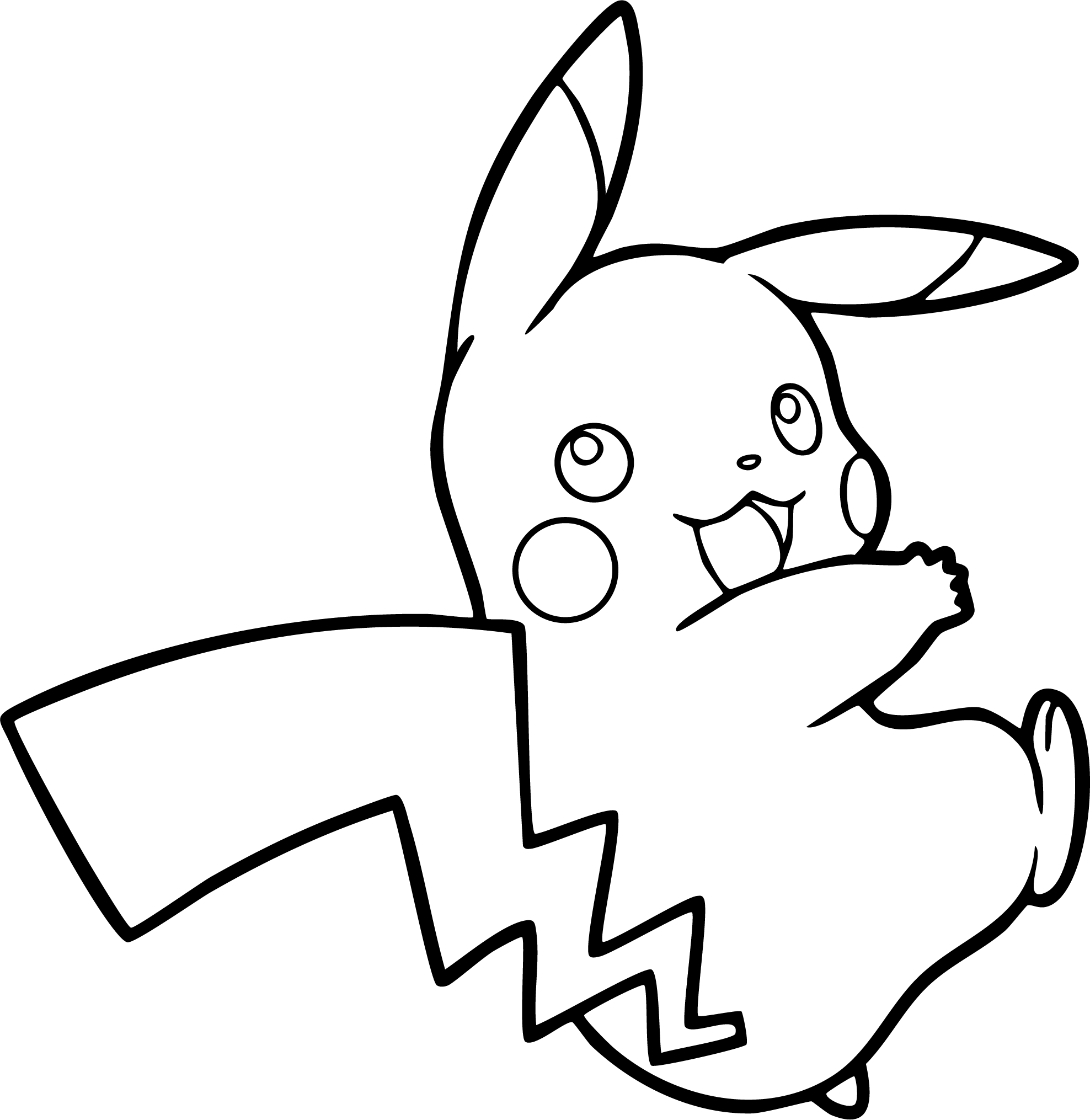 Pikachu from Pokémon coloring page. Pikachu leaping through the air, mid-jump, with arms outstretched and a big smile.