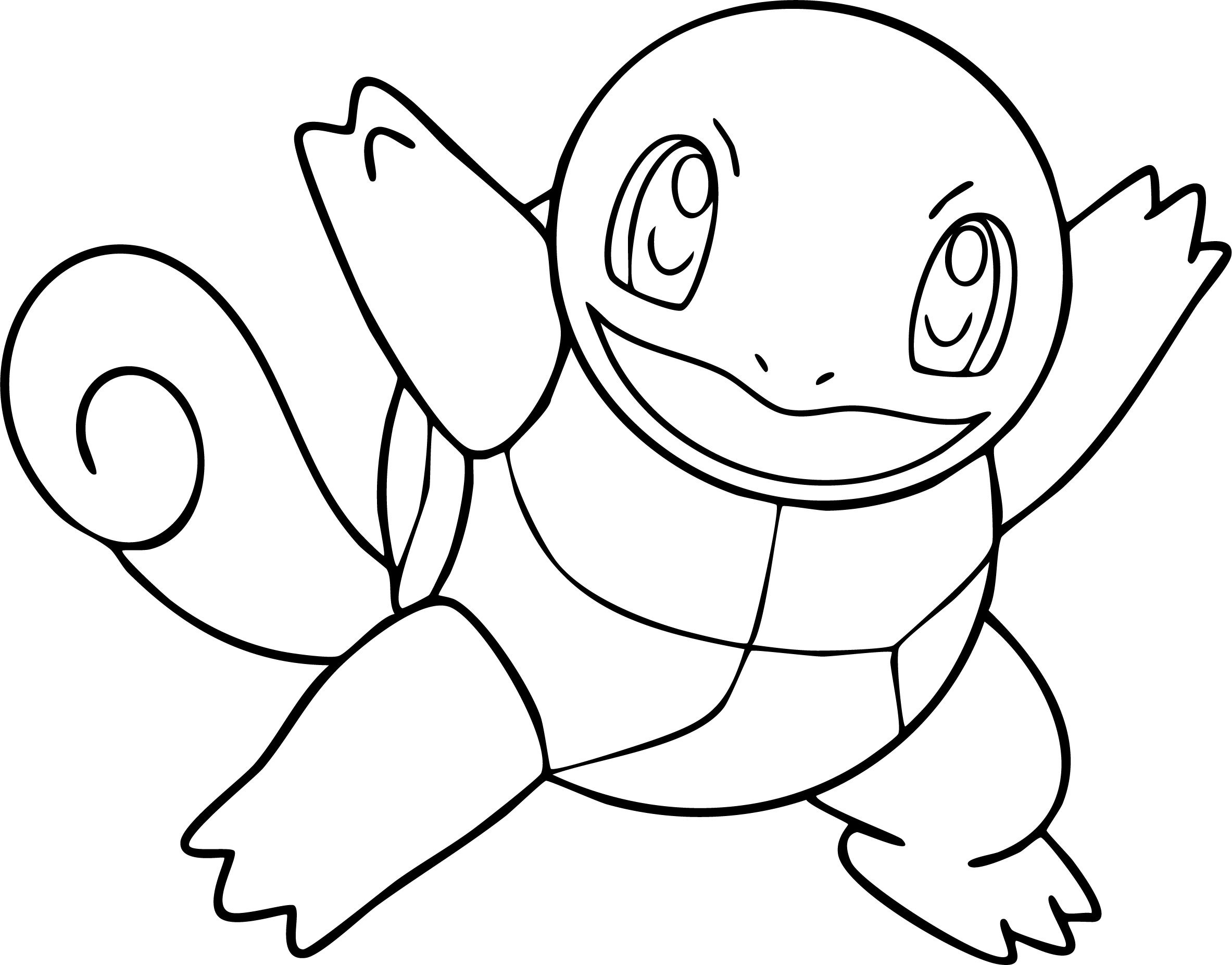 Squirtle from Pokémon coloring page. Squirtle is depicted mid-jump with arms and legs extended forward.