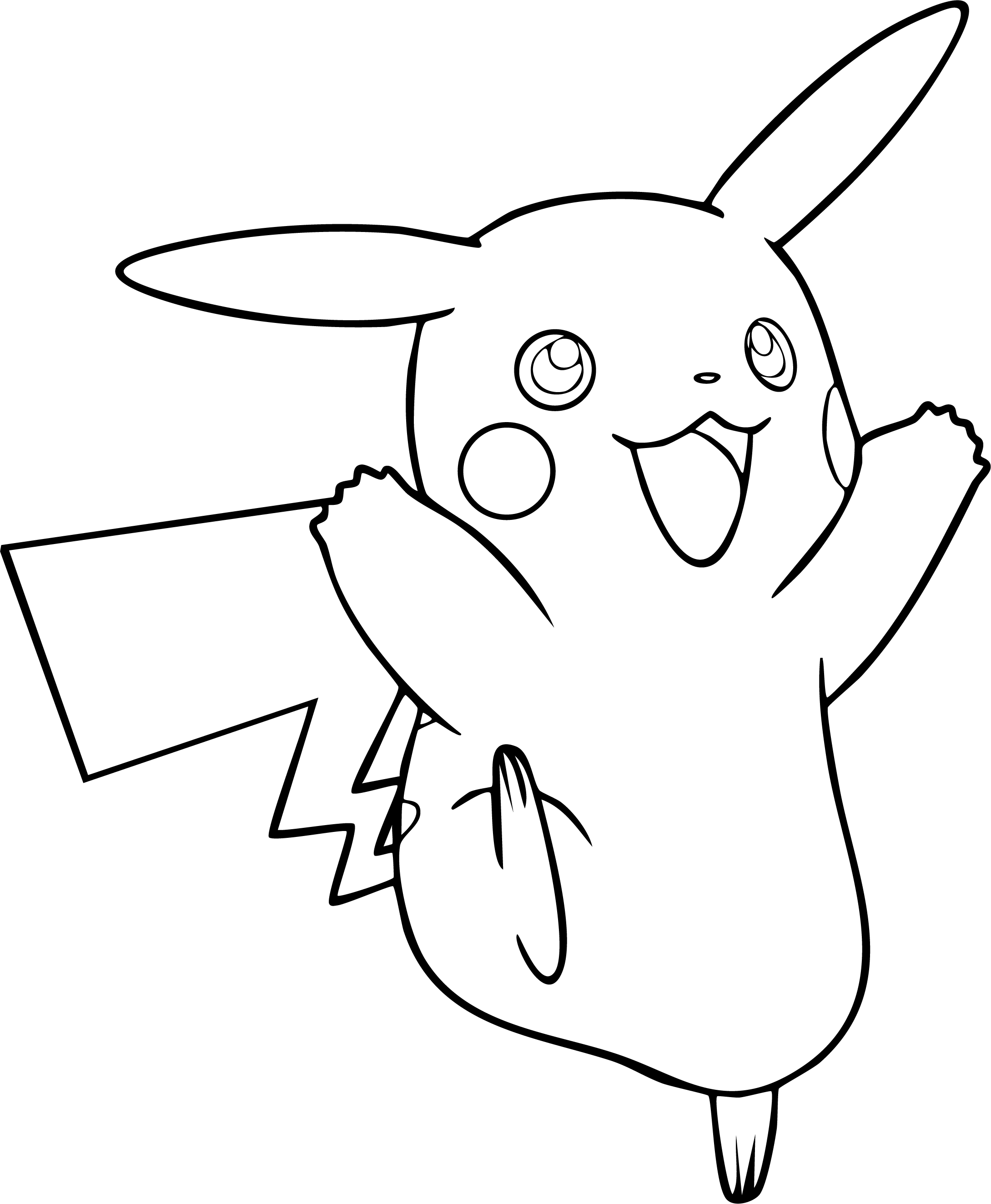 Pikachu from Pokémon coloring page. A joyful Pikachu is jumping in the air, celebrating with its paws up and smiling widely.