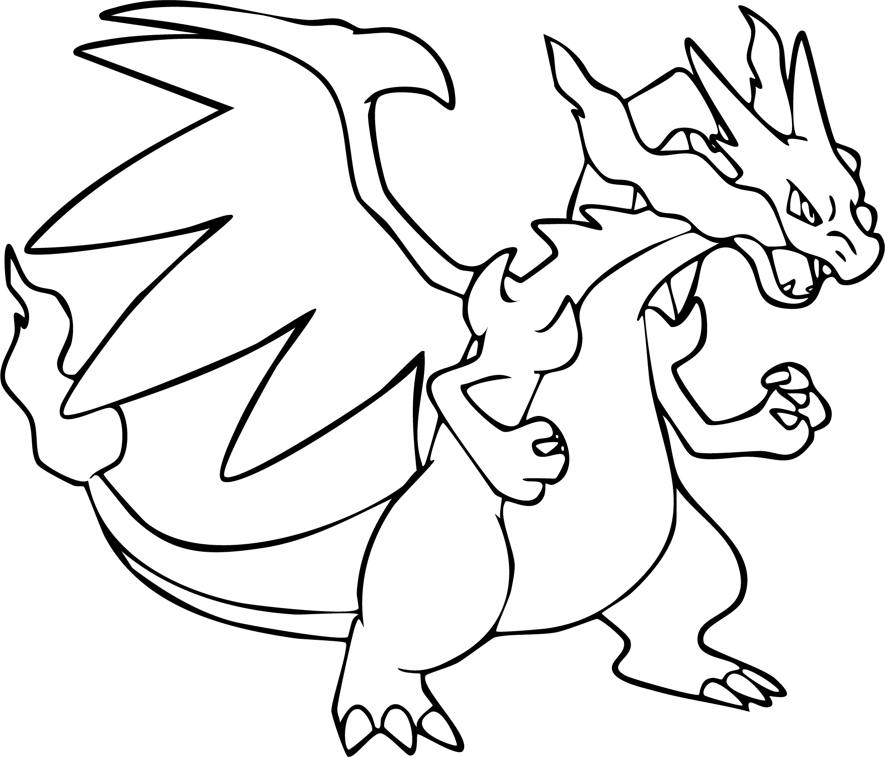 Mega Charizard X from Pokémon coloring page. Intense line art of Mega Charizard X with jagged wings and horned head.