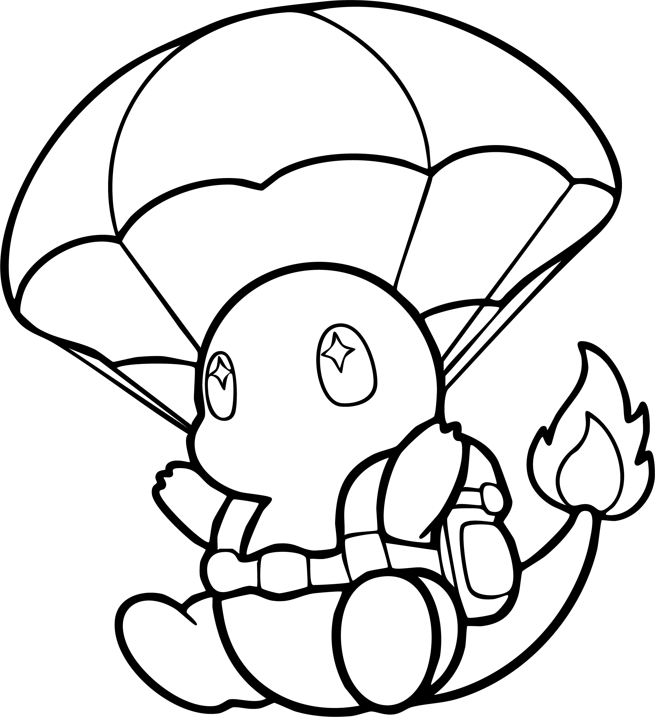 Charmander from Pokémon coloring page. A cute Charmander is skydiving with a parachute, wearing a backpack and having a flaming tail.